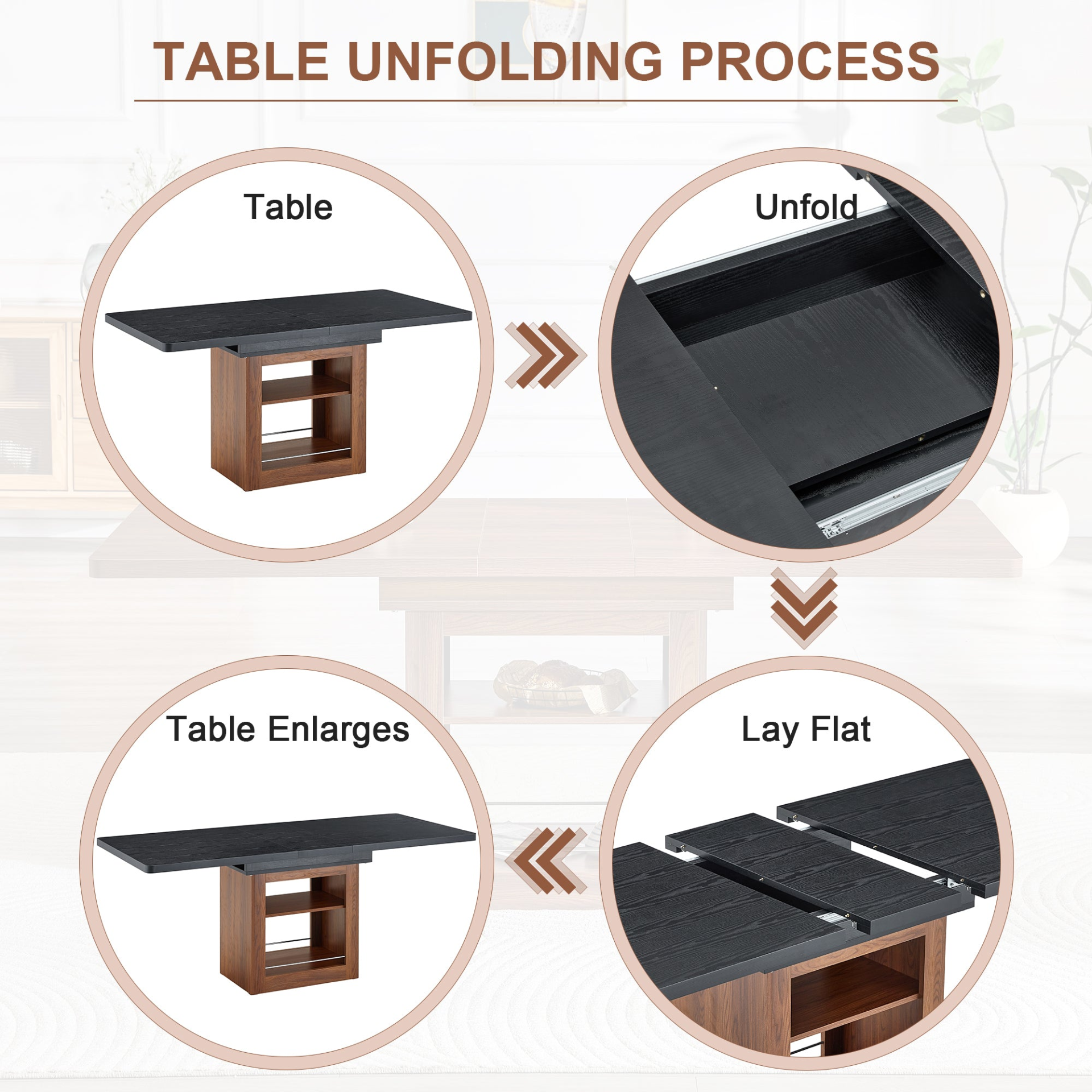 Rectangular MDF walnut dining table with storage, expandable for dining room, kitchen, or apartment dining by Start2Finish.
