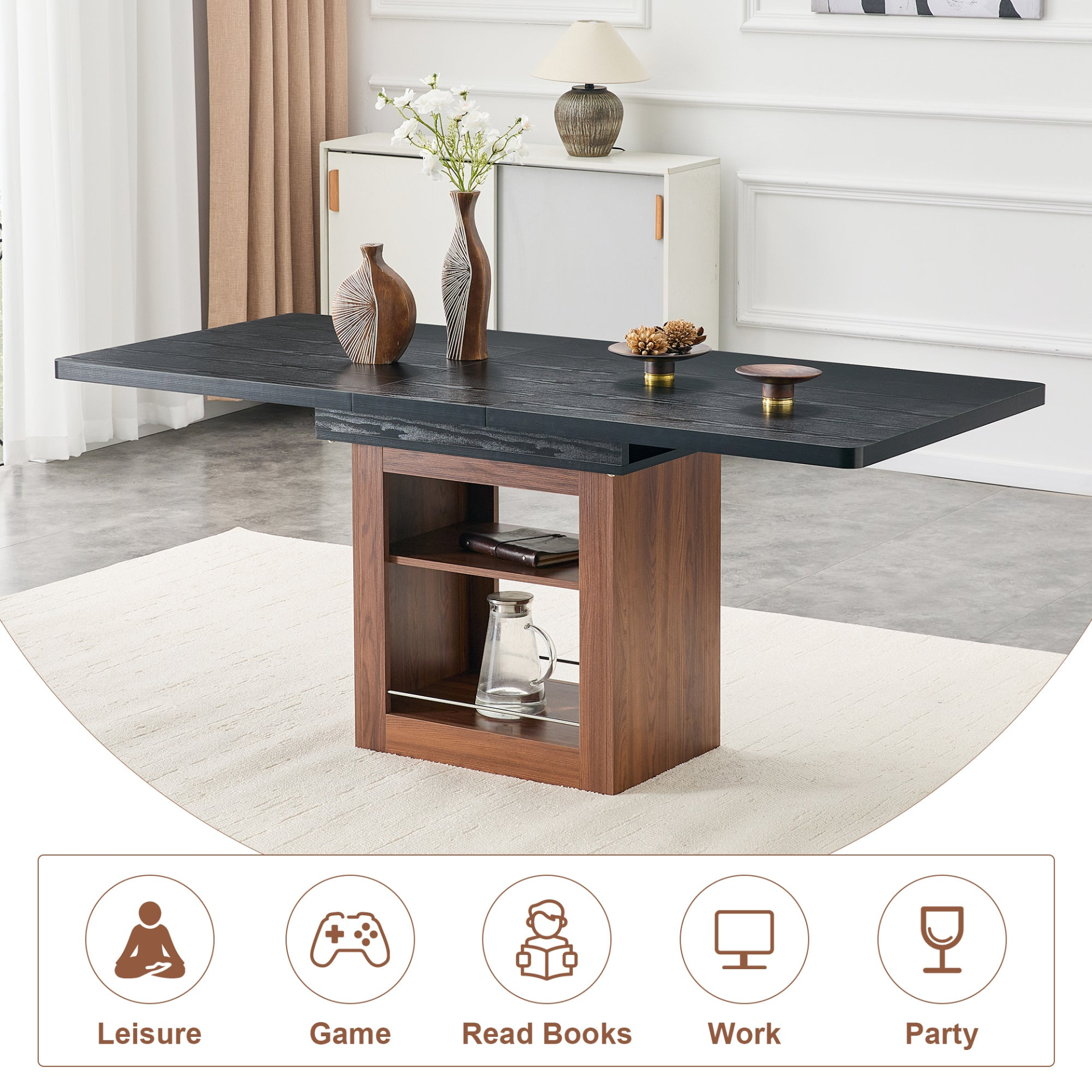 Start2Finish rectangular MDF walnut dining table with storage and expandable surface for kitchen, dining room, or apartment dining.
