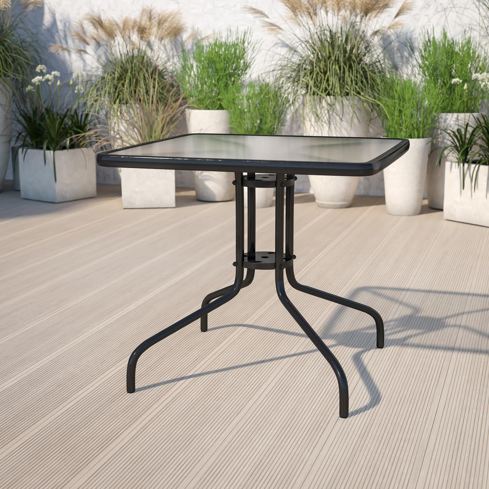Square patio table by Start2Finish with sturdy metal frame, ideal for restaurants, banquet halls, and dining rooms.