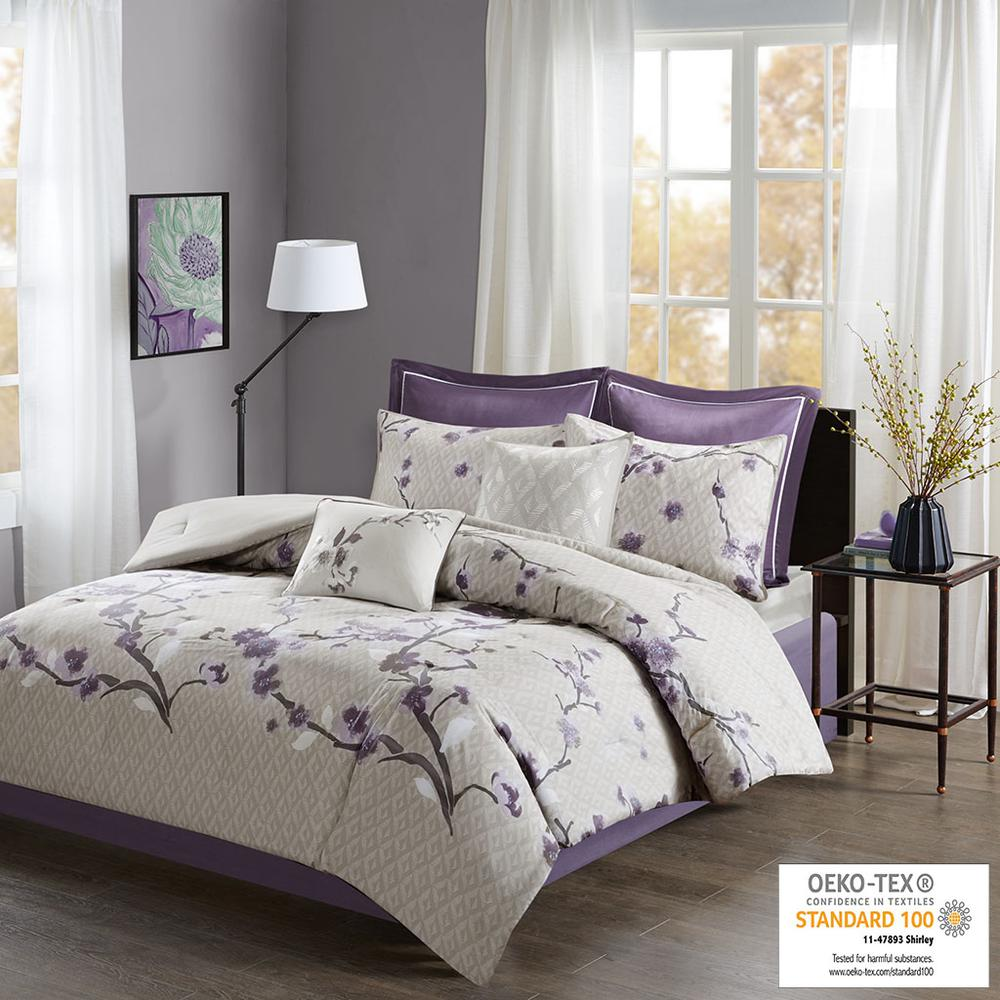 Holly 8-piece cotton comforter set in purple and taupe with matching pillows, featuring a soft, cozy bedding design by Start2Finish