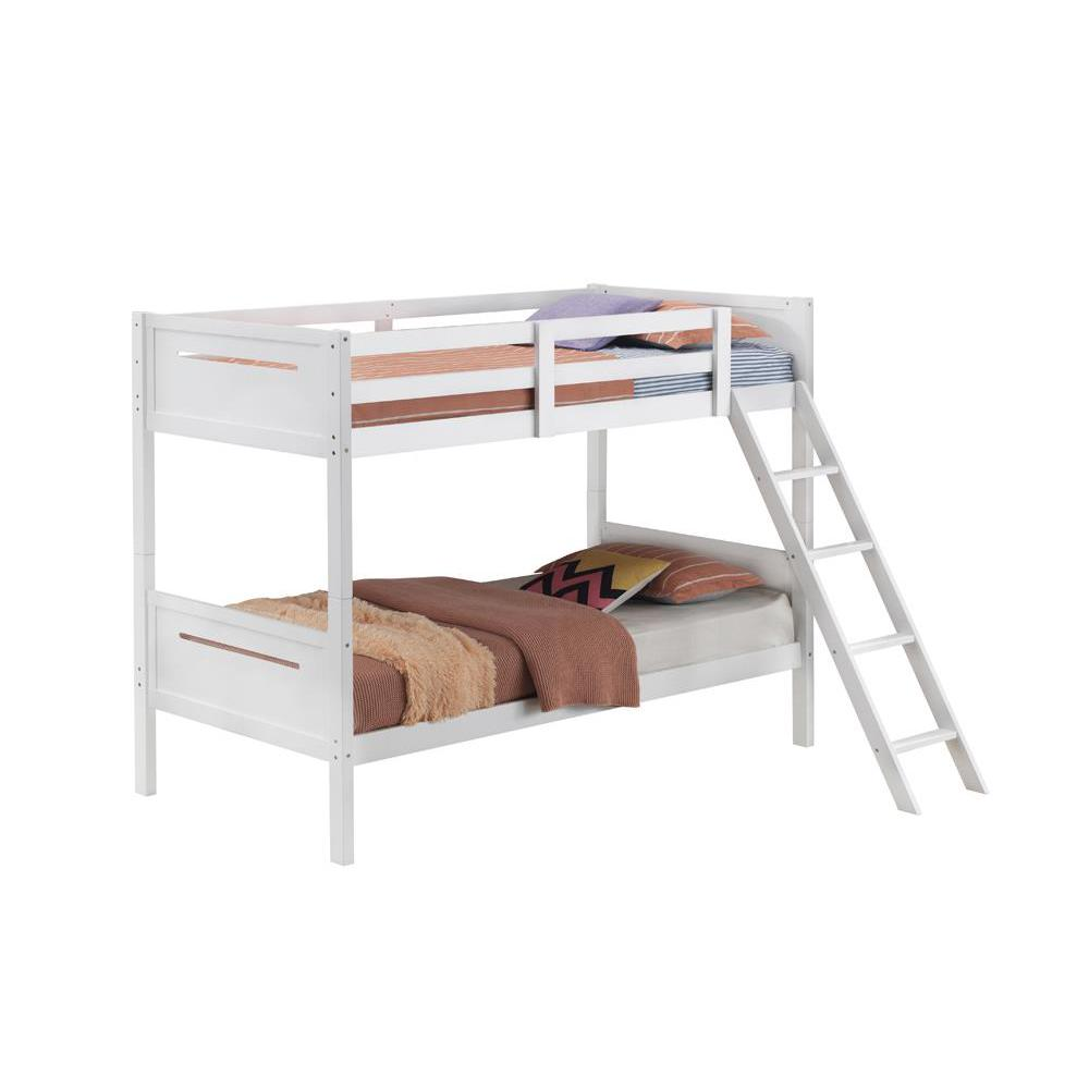 White Littleton Wood Twin Over Twin Bunk Bed by Start2Finish showing the sturdy twin bunk bed with safety rails and clean white finish