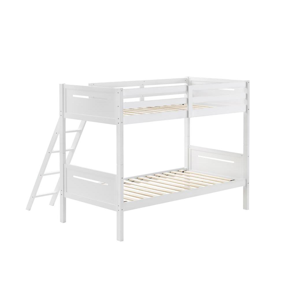 White Littleton Wood Twin Over Twin Bunk Bed by Start2Finish with sturdy frame and ladder, ideal for children&