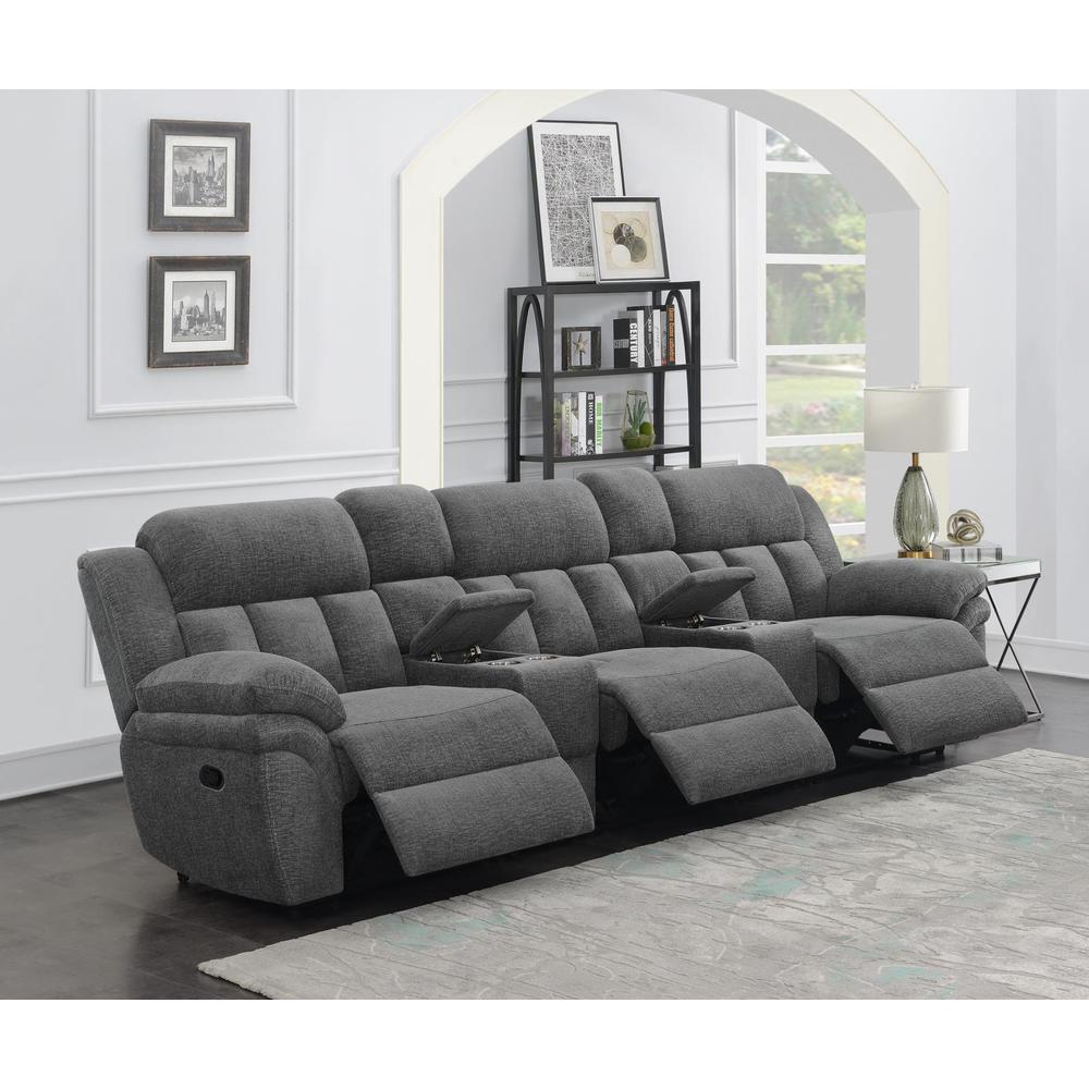 Start2Finish Bahrain 5-piece charcoal upholstered home theater seating set with plush cushions and modern design.