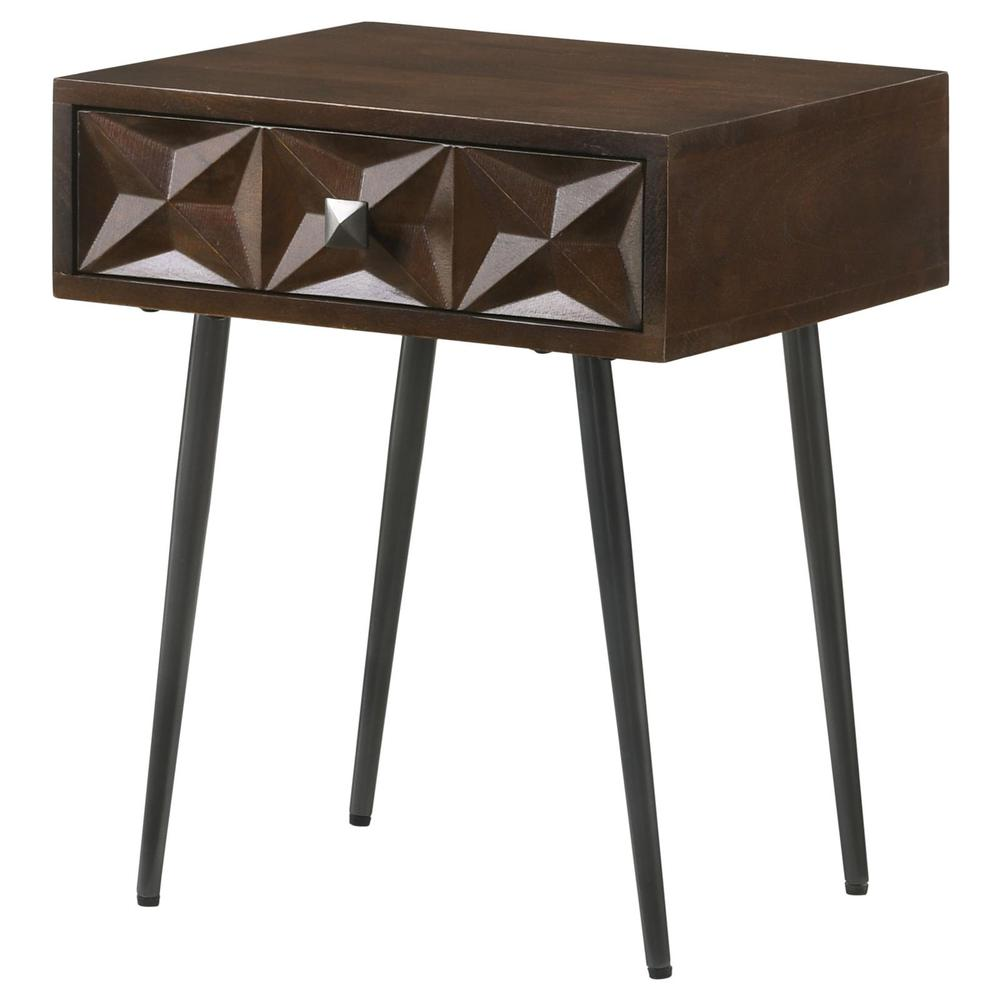 Start2Finish Ezra rectangular accent side table with single drawer, coffee brown finish, showing smooth wood grain and modern design.