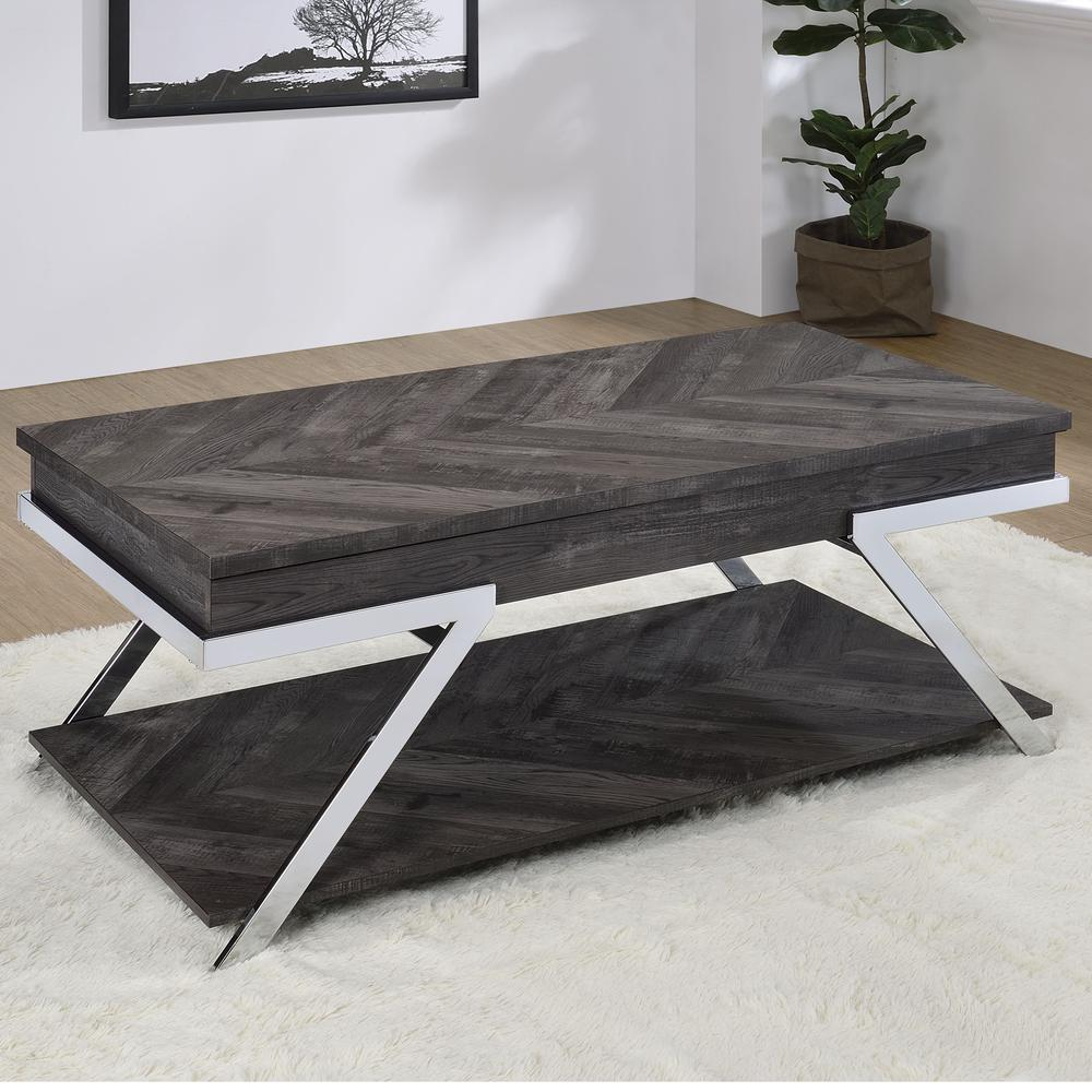 Start2Finish Roma Lift Top Cocktail Table with wood finish, featuring a raised tabletop and storage compartment.