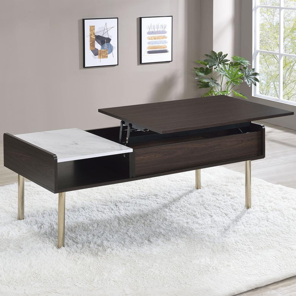 Start2Finish Carrie lift-top coffee table with wooden finish and open storage compartment, featuring a sleek modern design.
