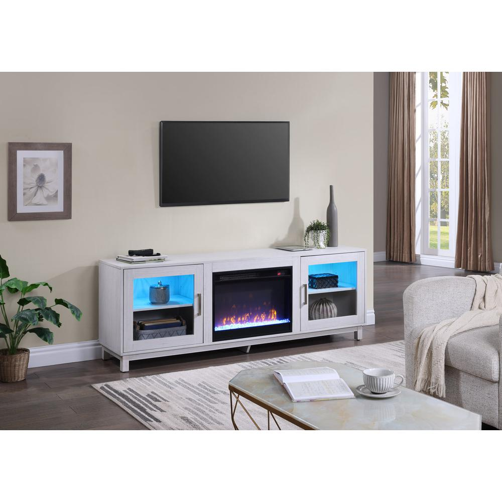 White walnut finish Summit 70-inch TV stand with fireplace from Start2Finish, featuring modern design and ample storage space.