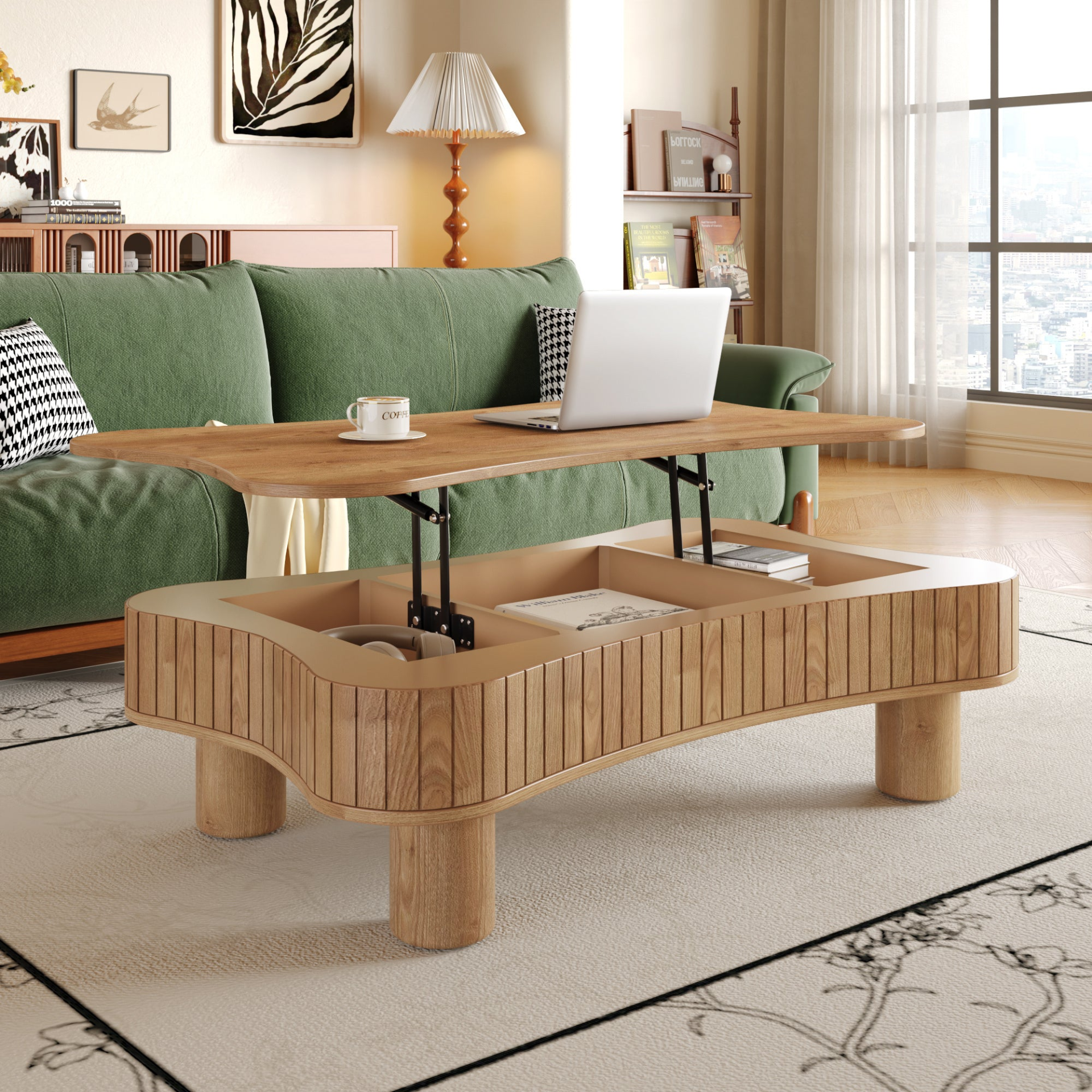 Light brown MDF and black metal coffee table with lift-top storage for living room by Start2Finish.