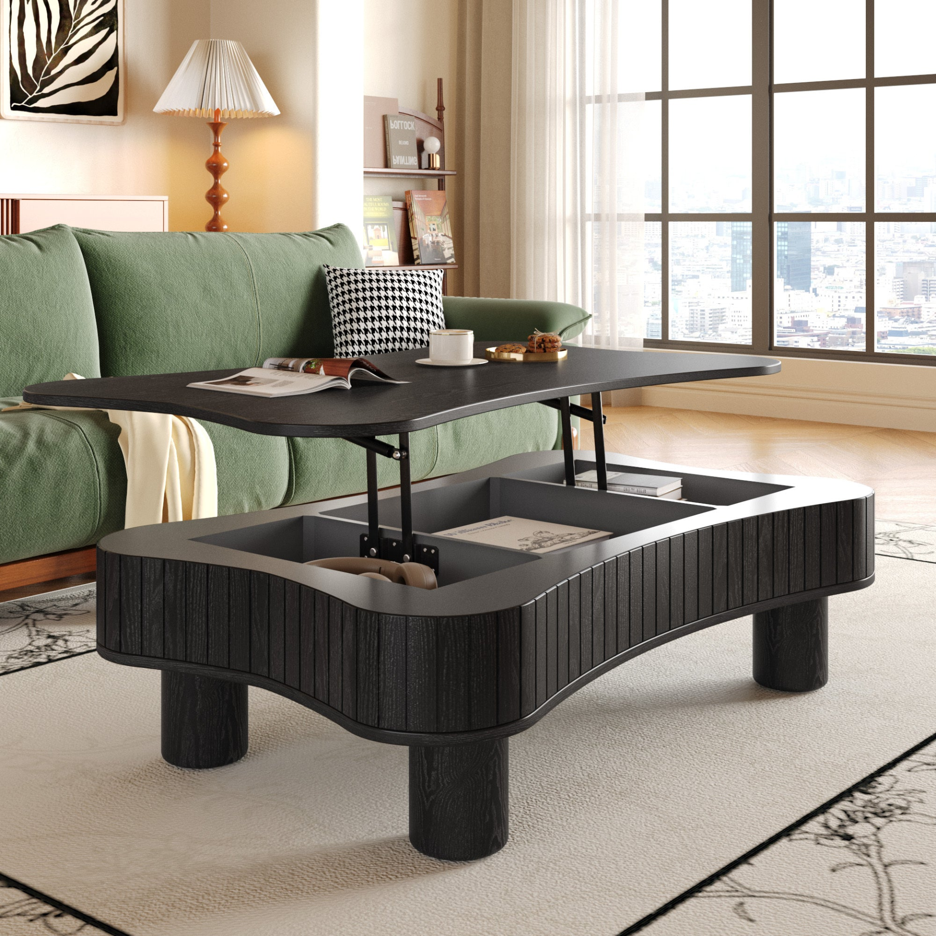 Light brown MDF and black metal coffee table with lift-top storage, ideal for living room by Start2Finish.