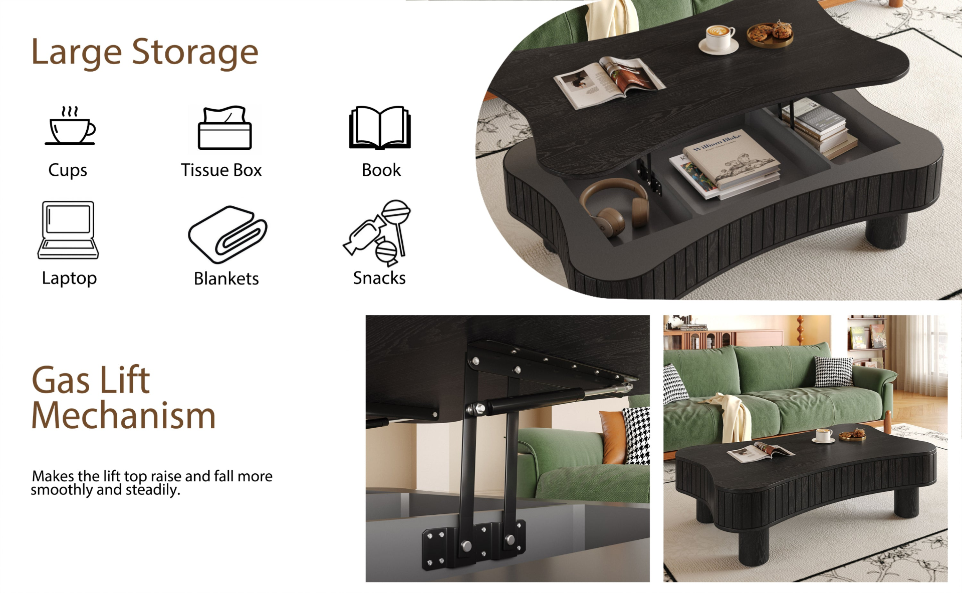 Light brown MDF and black metal coffee table with lift-top storage, ideal for living room, by Start2Finish.