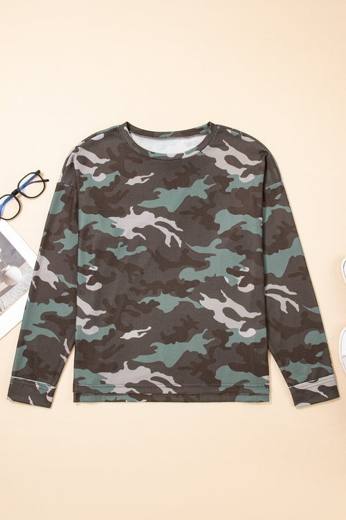 Camo textured drop shoulder long sleeve top by Byzantium Bay, featuring a relaxed fit and stylish pattern on soft fabric.