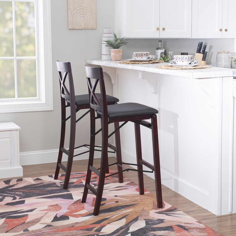 Start2Finish Triena 30-inch back folding bar stool with X-style design, wooden seat, and sturdy metal frame.