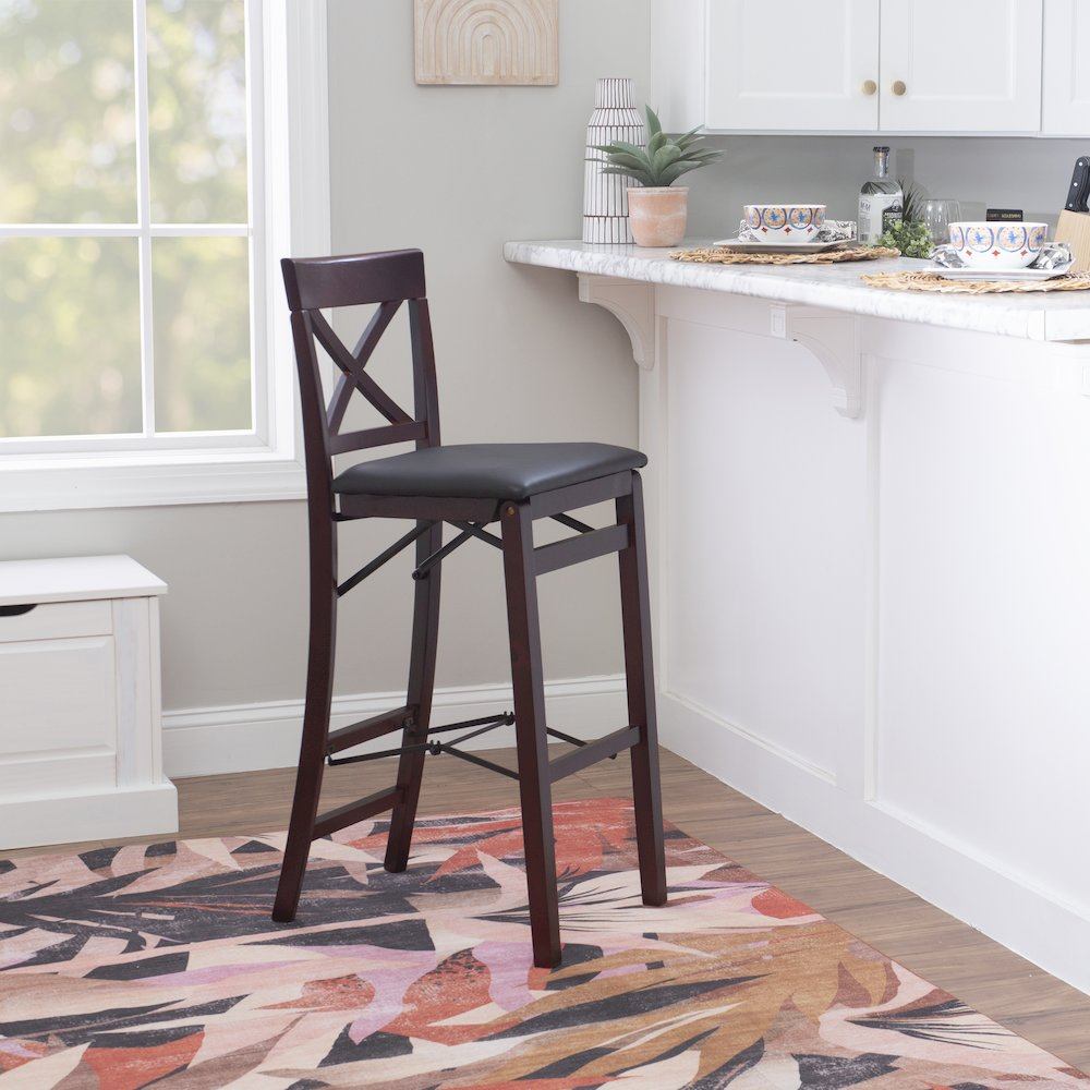 Start2Finish Triena 30-inch X-back folding bar stool with wooden seat and metal frame, shown in folded position for easy storage.