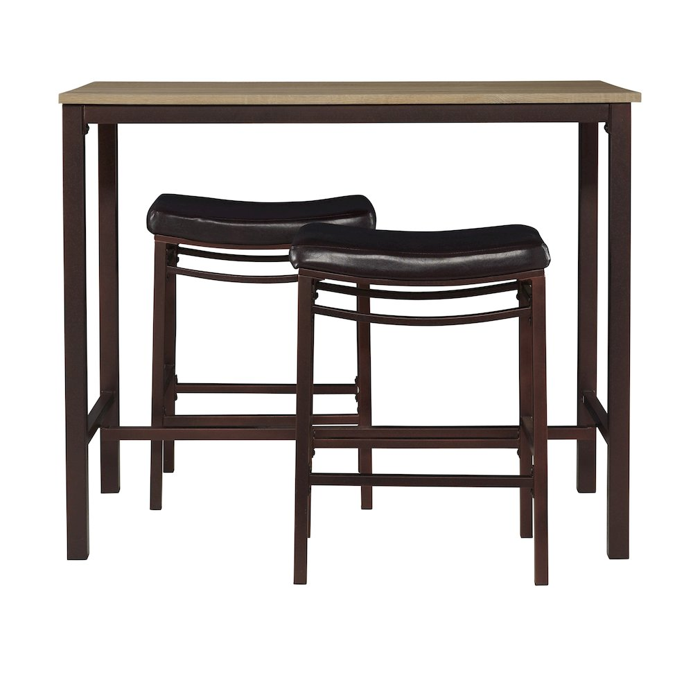 Start2Finish Betty three-piece pub set includes a table and two stools with wooden finish and modern design for casual dining.