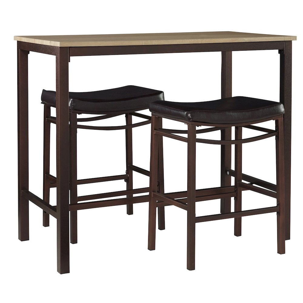 Start2Finish Betty three-piece pub set with wooden table and matching stools, ideal for casual dining and small spaces.