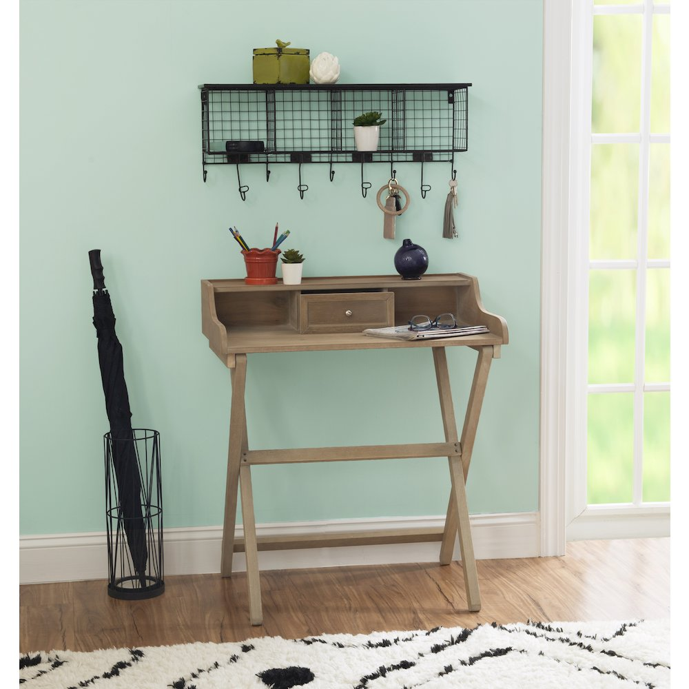 Start2Finish Coy Rustic Brown Folding Desk with wooden surface and metal legs, shown in a folded position for space-saving storage.