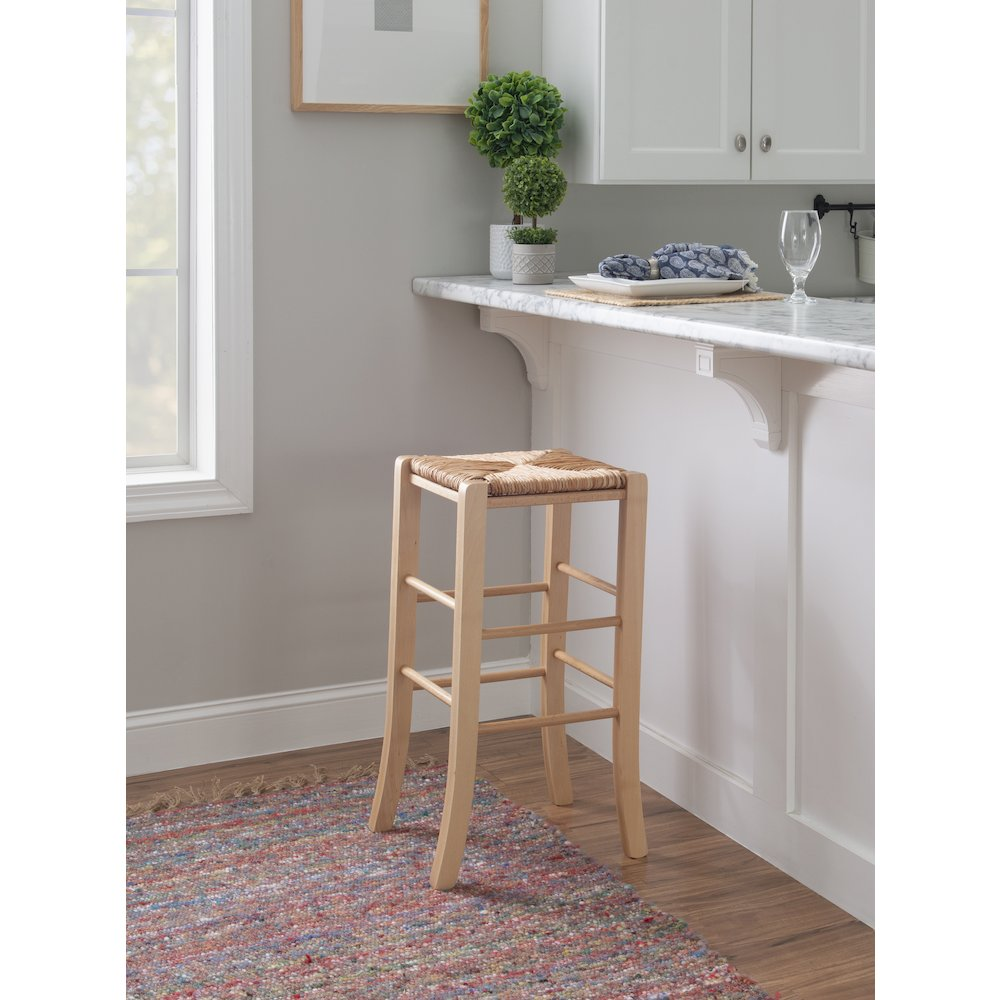 Set of two Gianna backless barstools by Start2Finish in natural wood finish, showcasing sleek design and sturdy construction.