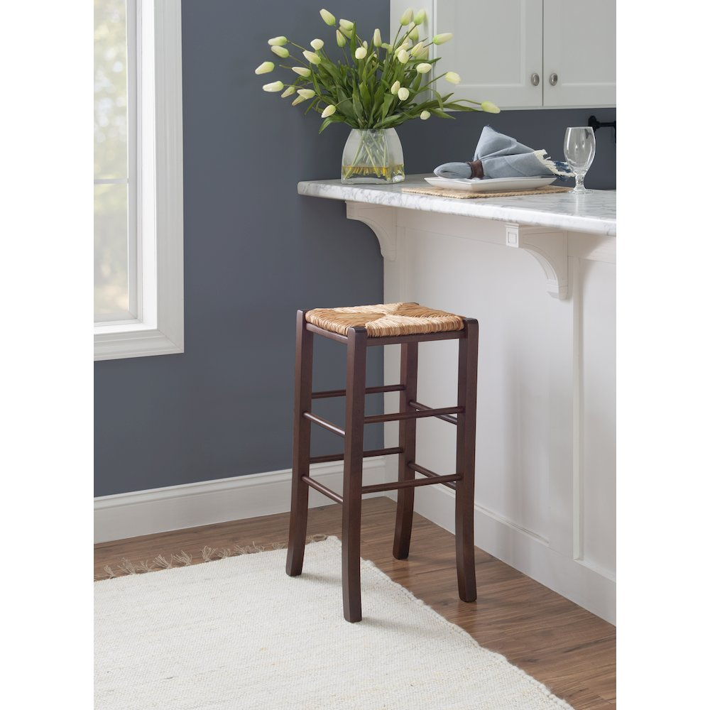 Set of two Gianna backless barstools by Start2Finish with walnut finish, showcasing sleek wooden seats and sturdy legs.