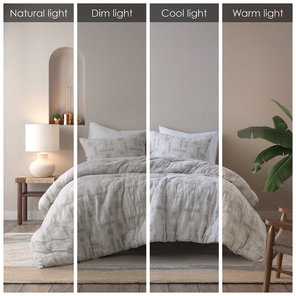 Start2Finish Cairo 3-piece cotton jacquard comforter set in ivory, featuring intricate woven patterns on the bedding.