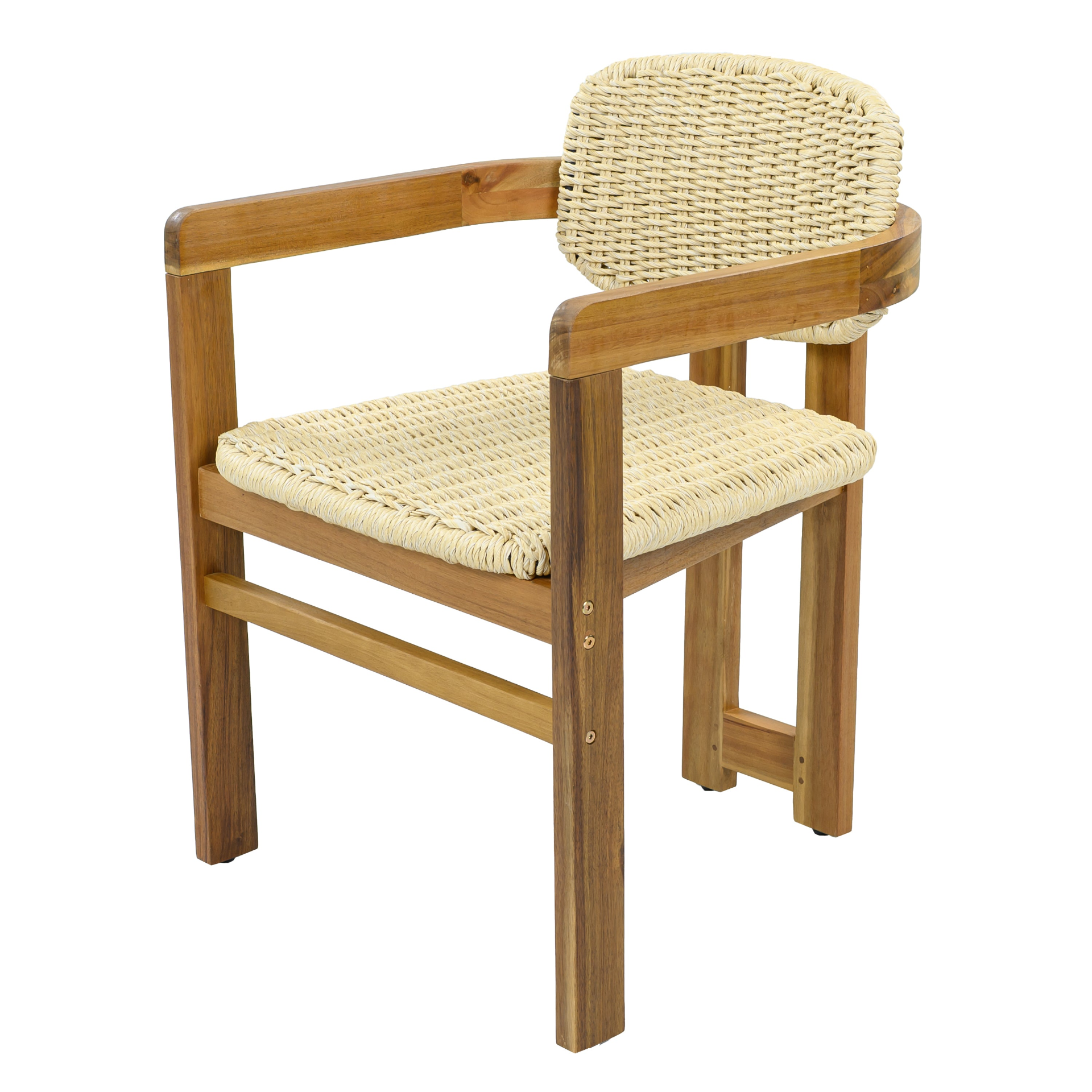 Beige rattan accent chair with wooden legs, ideal for living room or bedroom seating, by Start2Finish.