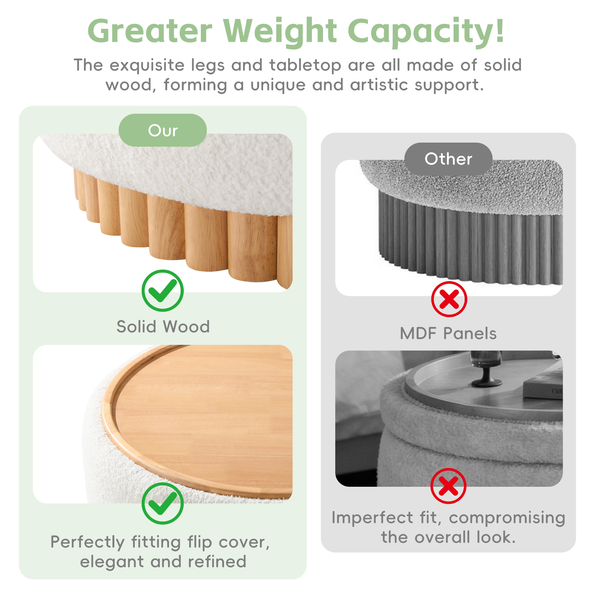 Start2Finish wooden and fabric upholstered ottoman with storage for living room and lounge spaces, showcasing its cushioned top and wood base.