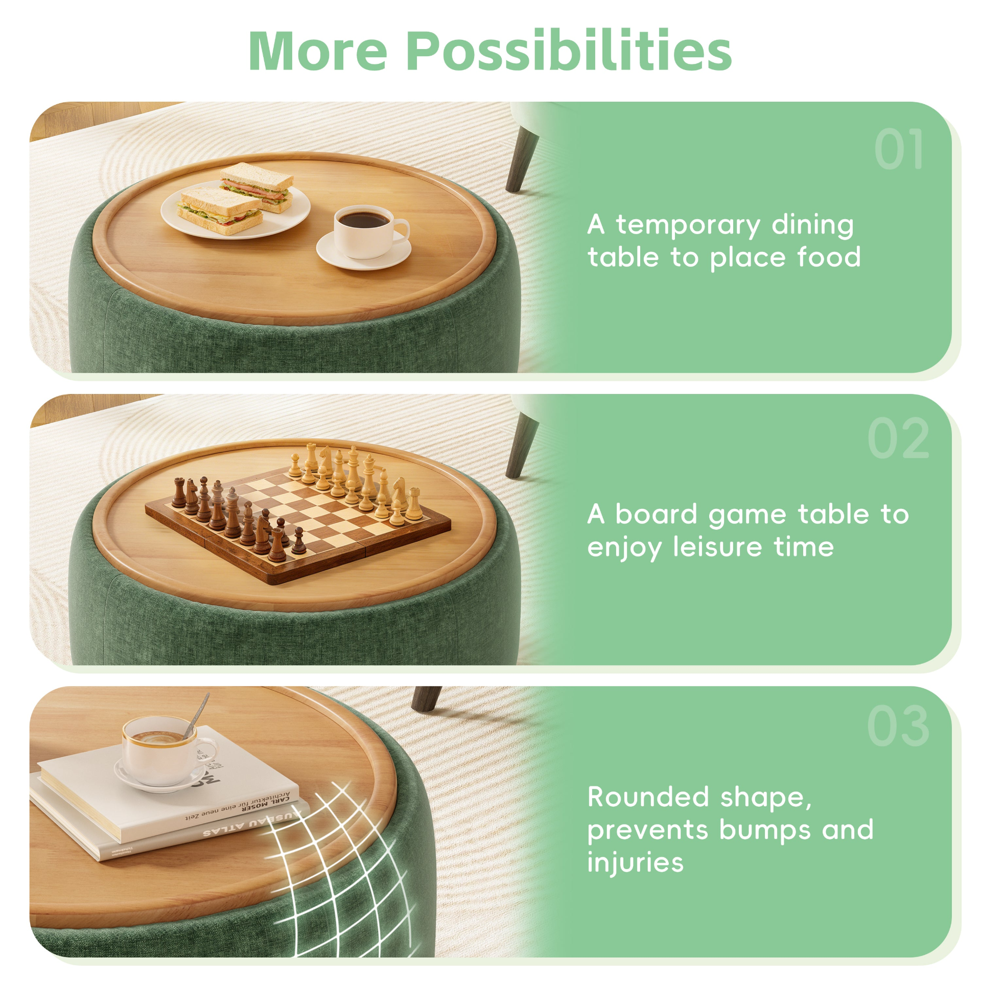 Start2Finish wooden and fabric upholstered ottoman with storage, ideal for living room or lounge spaces.