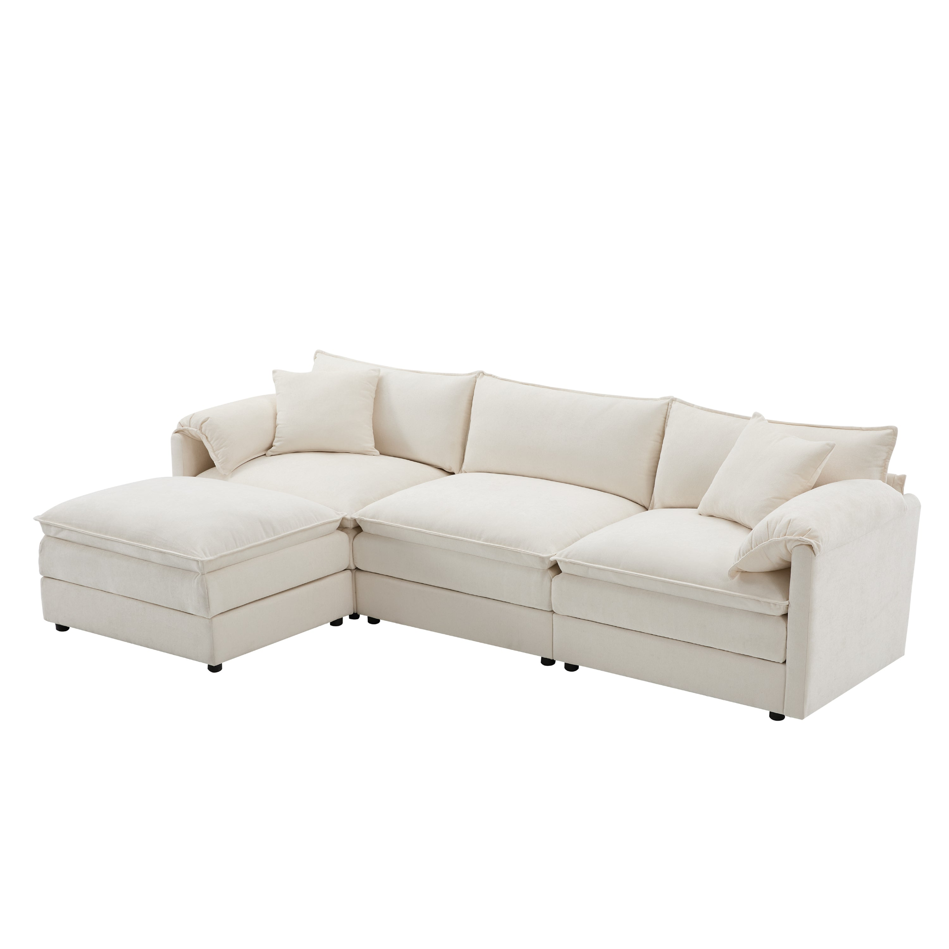 Cream and dark gray chenille sectional sofa with matching ottoman, modular layout, perfect for living rooms and lounge areas.