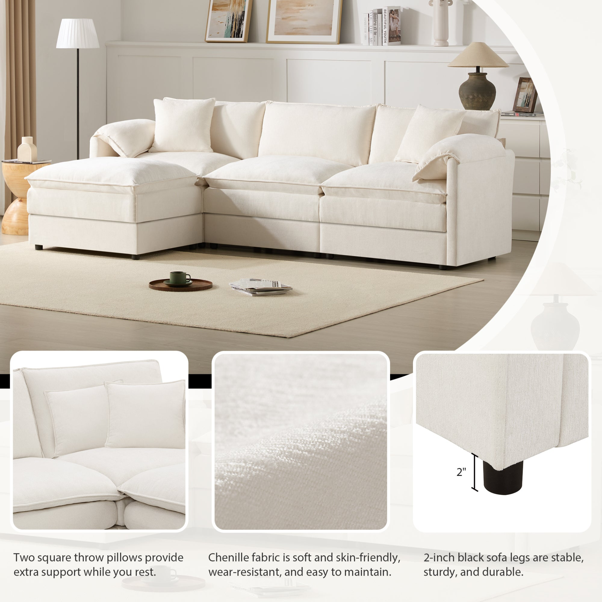 Cream and dark gray chenille sectional sofa with ottoman and modular layout for living room and lounge spaces.