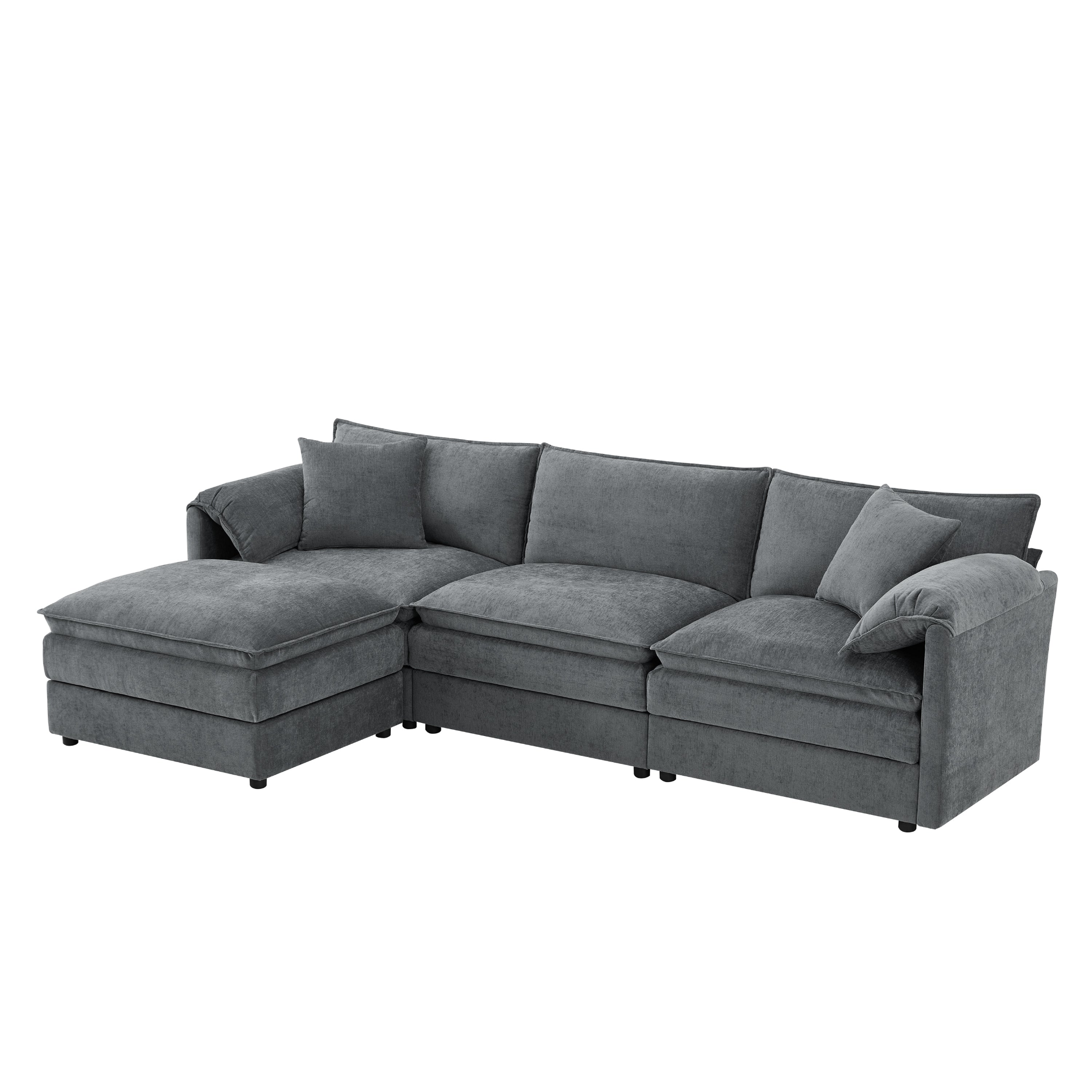 Cream and dark gray chenille sectional sofa with ottoman and modular design, perfect for living rooms and lounge spaces.