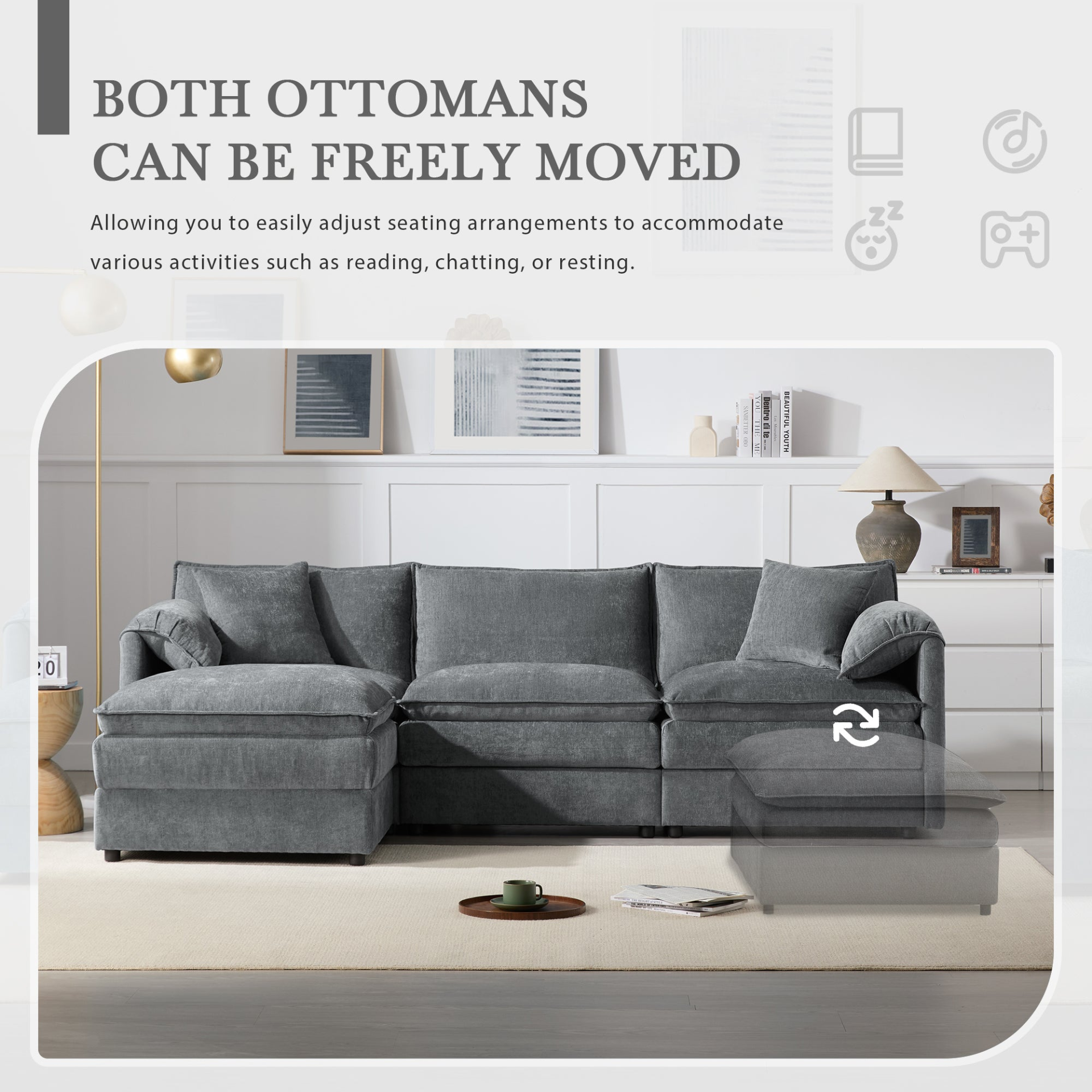 Cream and dark gray chenille sectional sofa with ottoman, modular layout for living room and lounge spaces by Start2Finish.