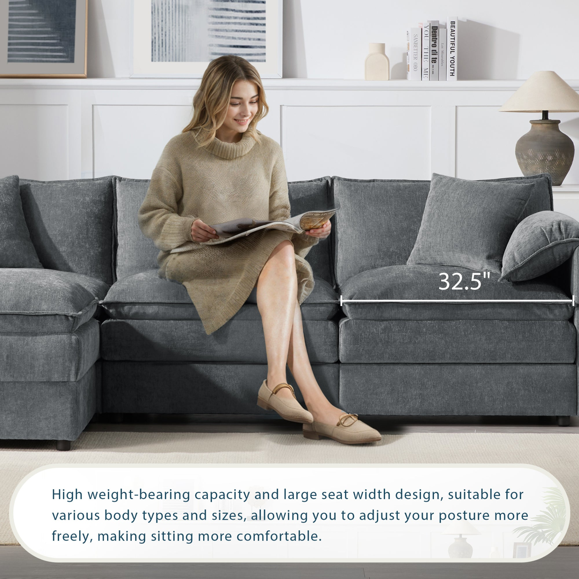 Cream and dark gray chenille sectional sofa with ottoman, modular layout, perfect for living room and lounge spaces by Start2Finish.