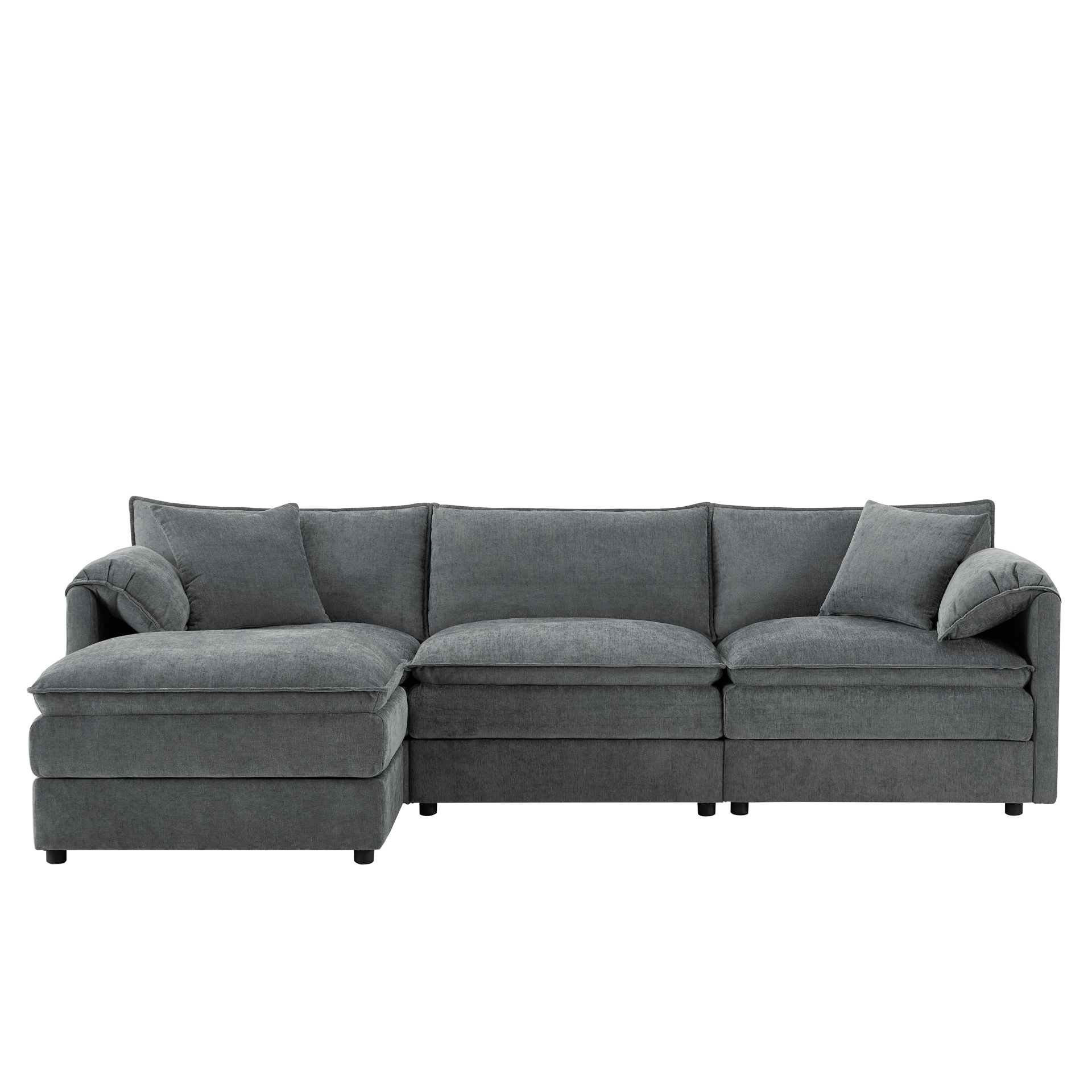Cream and dark gray chenille sectional sofa with ottoman, modular design by Start2Finish for living room and lounge spaces.