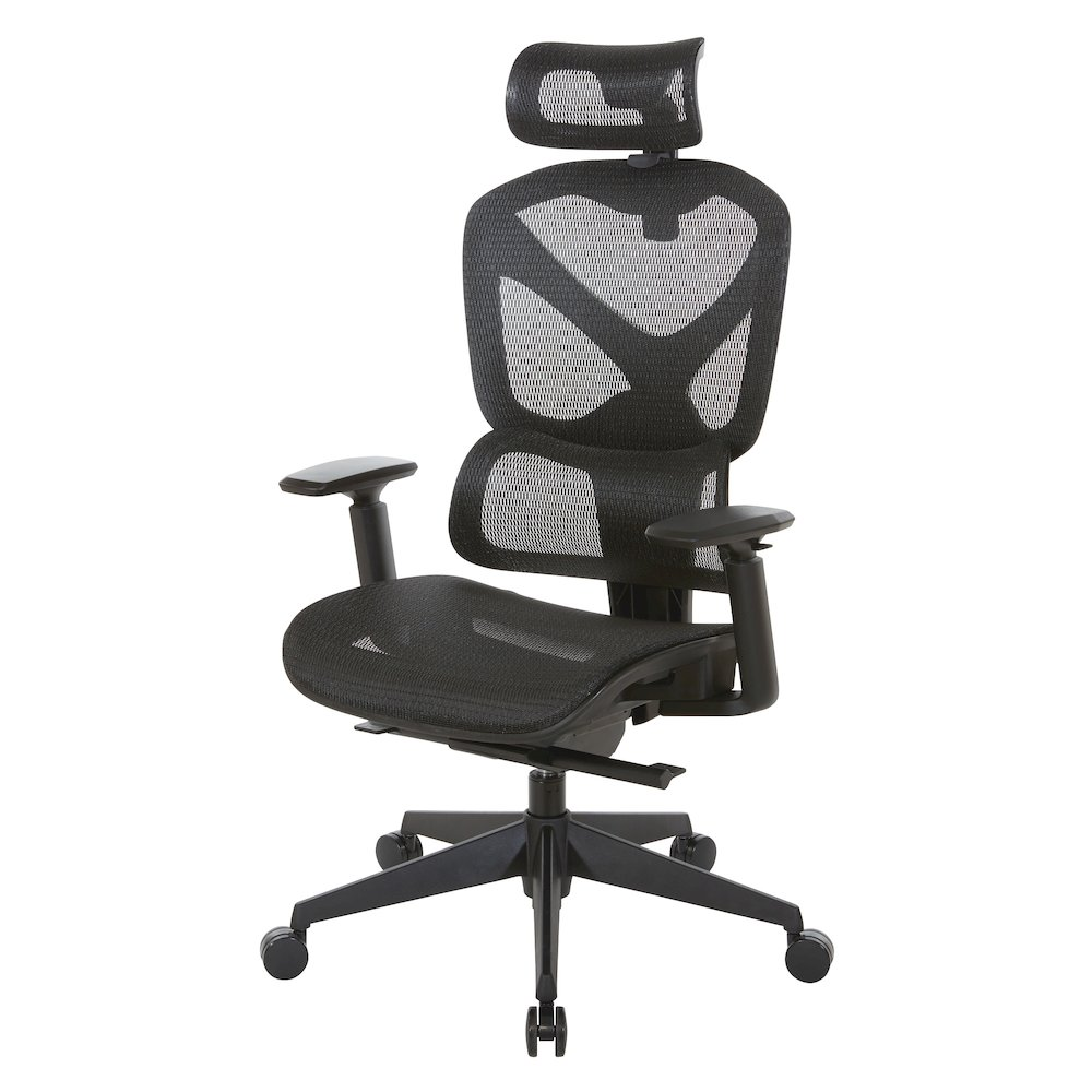 Start2Finish mesh back manager’s chair with adjustable headrest, ergonomic design, and padded armrests for office comfort.