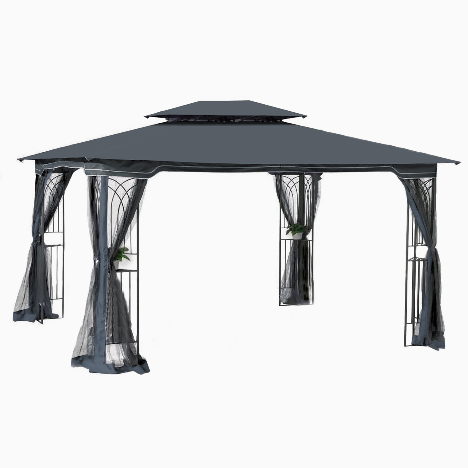Gray metal outdoor gazebo canopy with roof and storage, ideal for patio and outdoor living spaces by Start2Finish