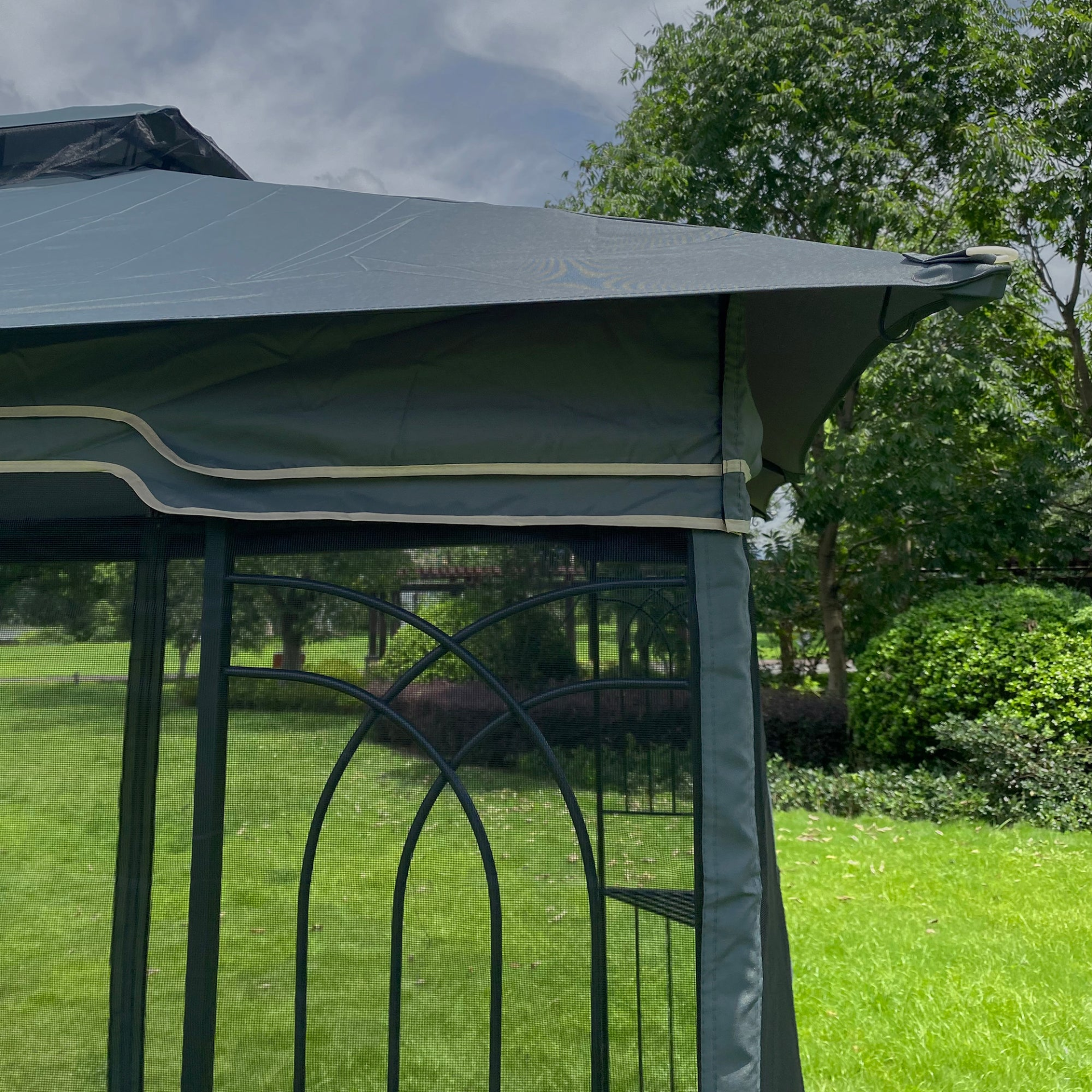 Gray metal outdoor gazebo canopy with roof and storage, ideal for patio and outdoor living spaces, by Start2Finish