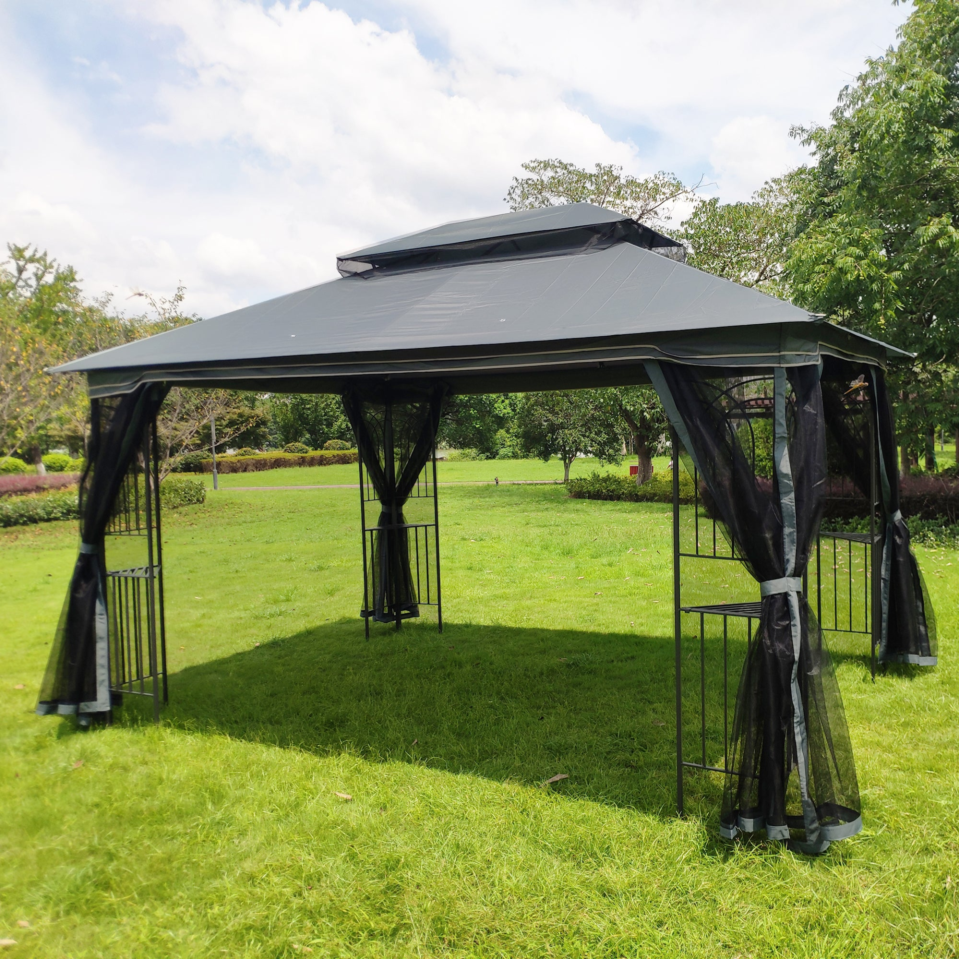 Gray metal outdoor gazebo canopy with roof and storage, suitable for patio and outdoor living spaces by Start2Finish