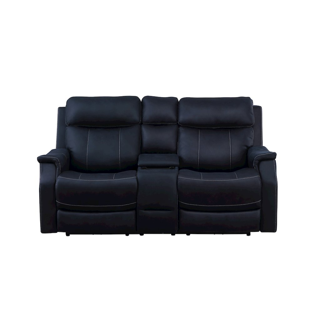 Start2Finish Valencia dual power reclining console loveseat in ocean fabric, showing plush cushions and integrated armrest console.