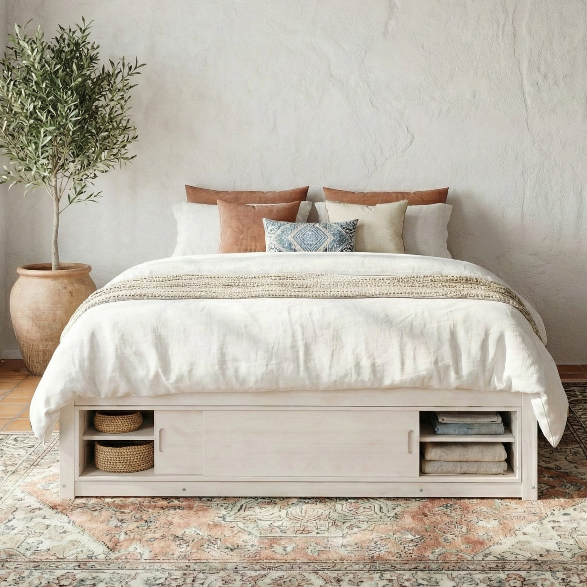 Start2Finish platform bed frame with solid wood and MDF, featuring four storage drawers, footboard cubby, and upholstered headboard.