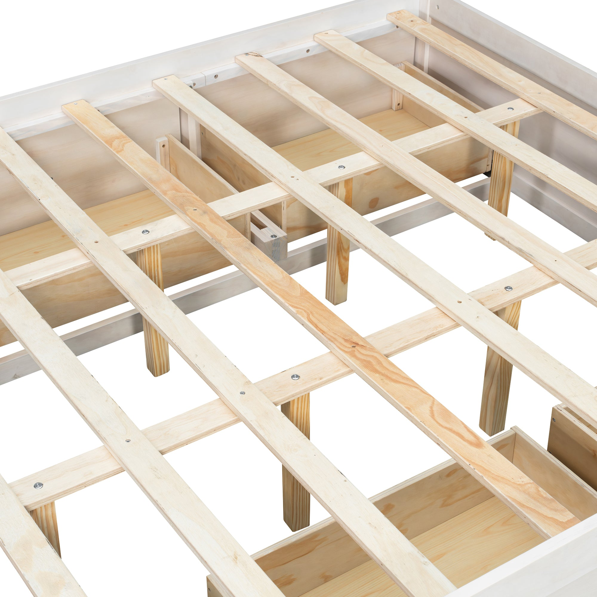 Start2Finish platform bed frame with solid wood and MDF, featuring four storage drawers, footboard cubby, and headboard for bedroom.