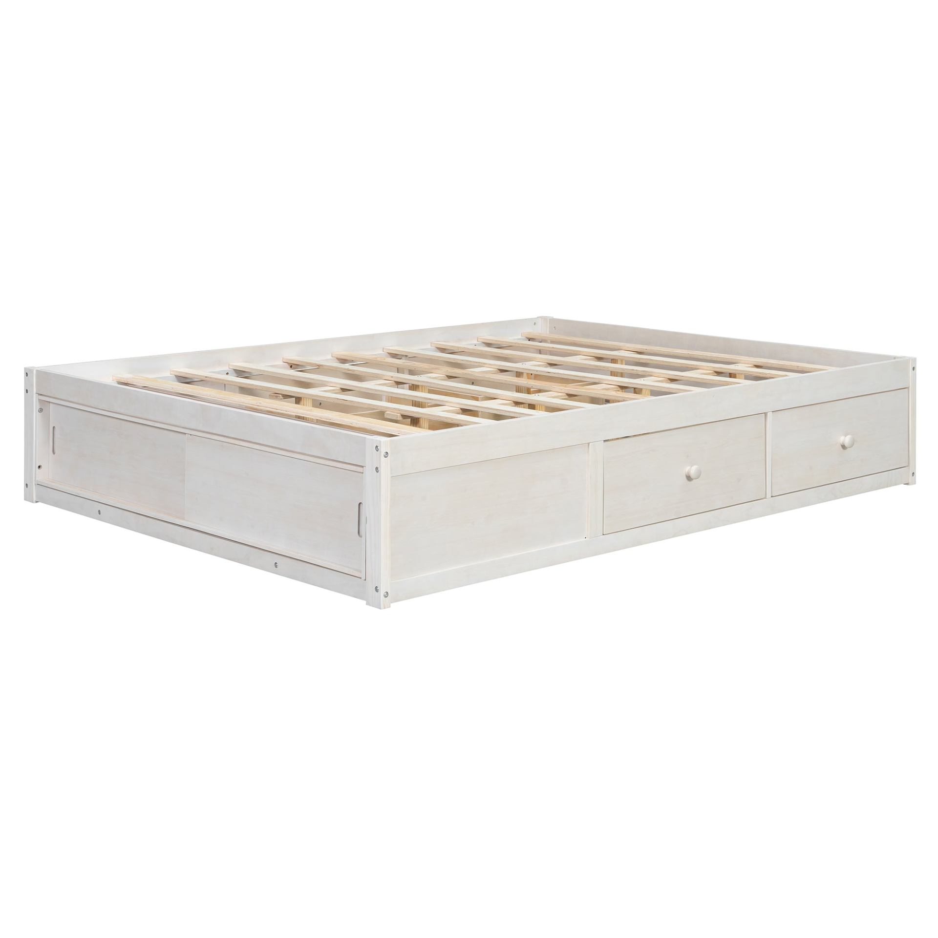 Start2Finish platform bed frame in solid wood and MDF with four storage drawers, footboard cubby, and headboard for bedroom.