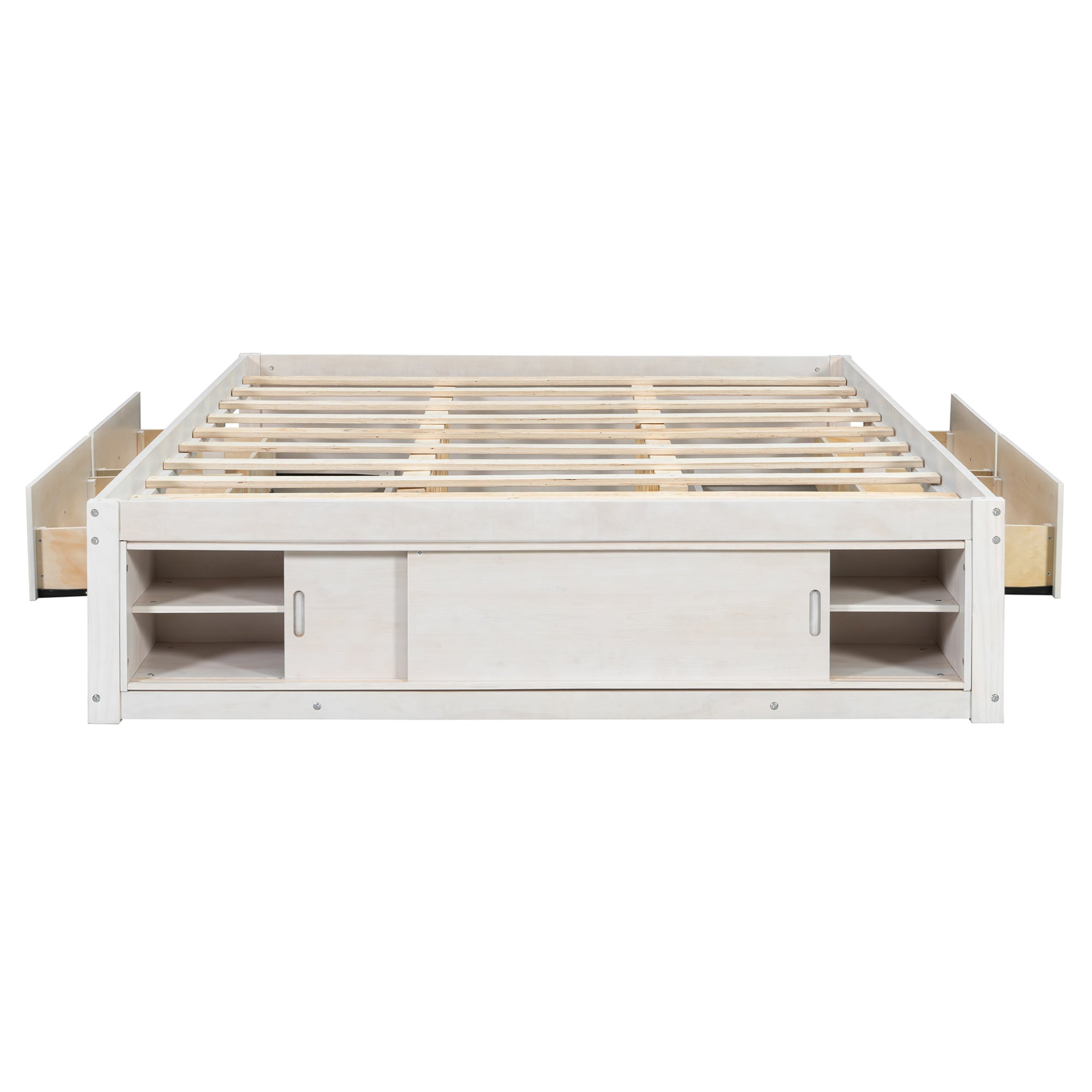 Start2Finish platform bed frame with solid wood and MDF, featuring four storage drawers, footboard cubby, and a padded headboard.