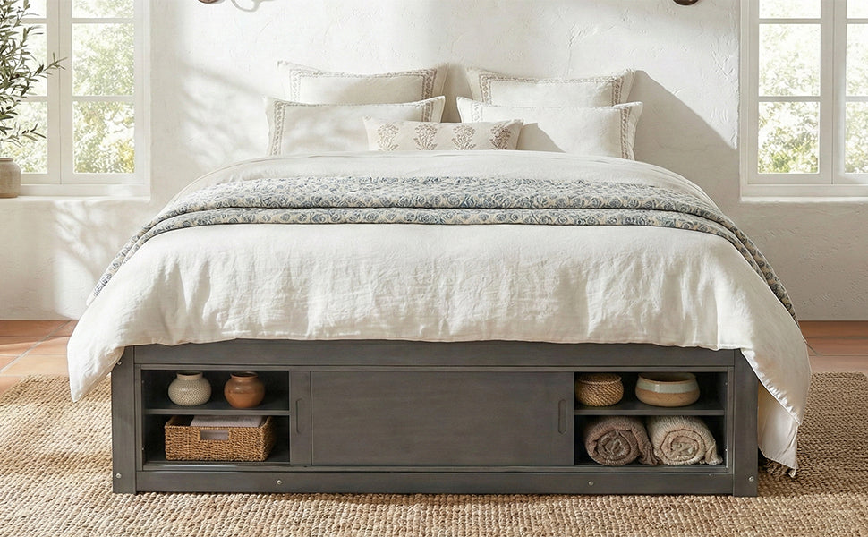 Start2Finish platform bed frame with solid wood and MDF, featuring four storage drawers, footboard cubby, and headboard for bedroom.