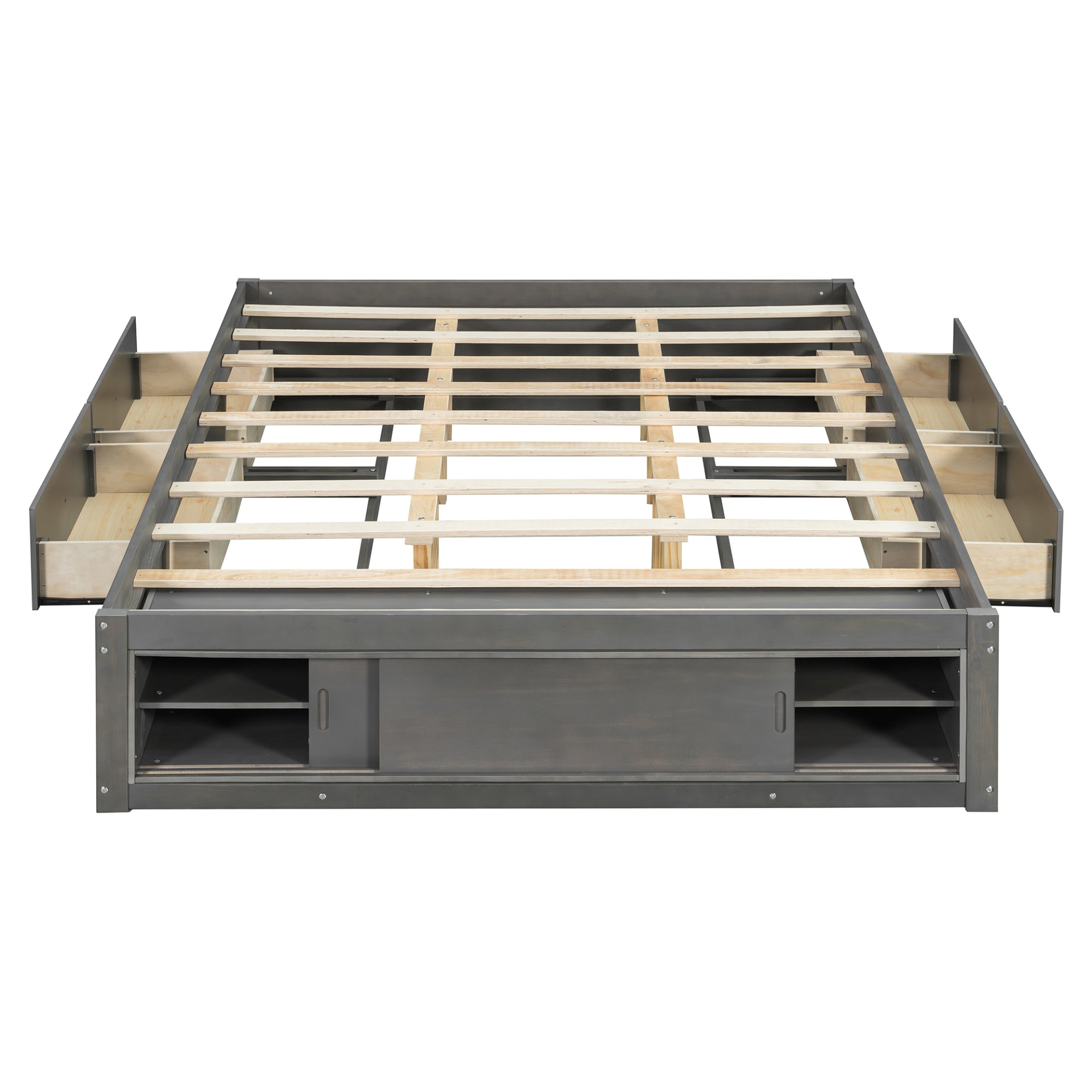 Solid wood platform bed frame with four storage drawers, footboard cubby, and headboard, ideal for bedroom or guest room.