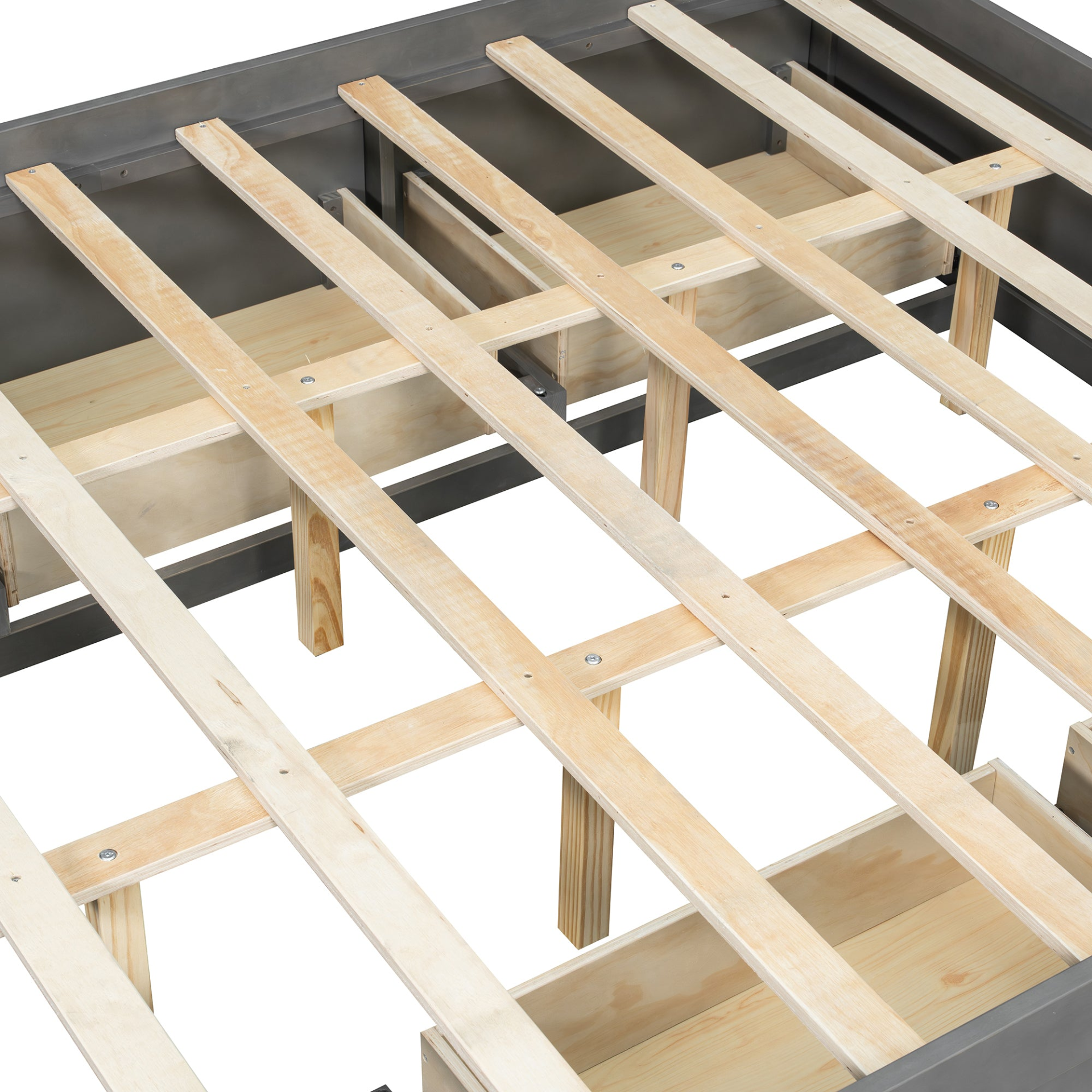Start2Finish platform bed frame with solid wood and MDF, featuring four storage drawers, footboard cubby, and upholstered headboard.