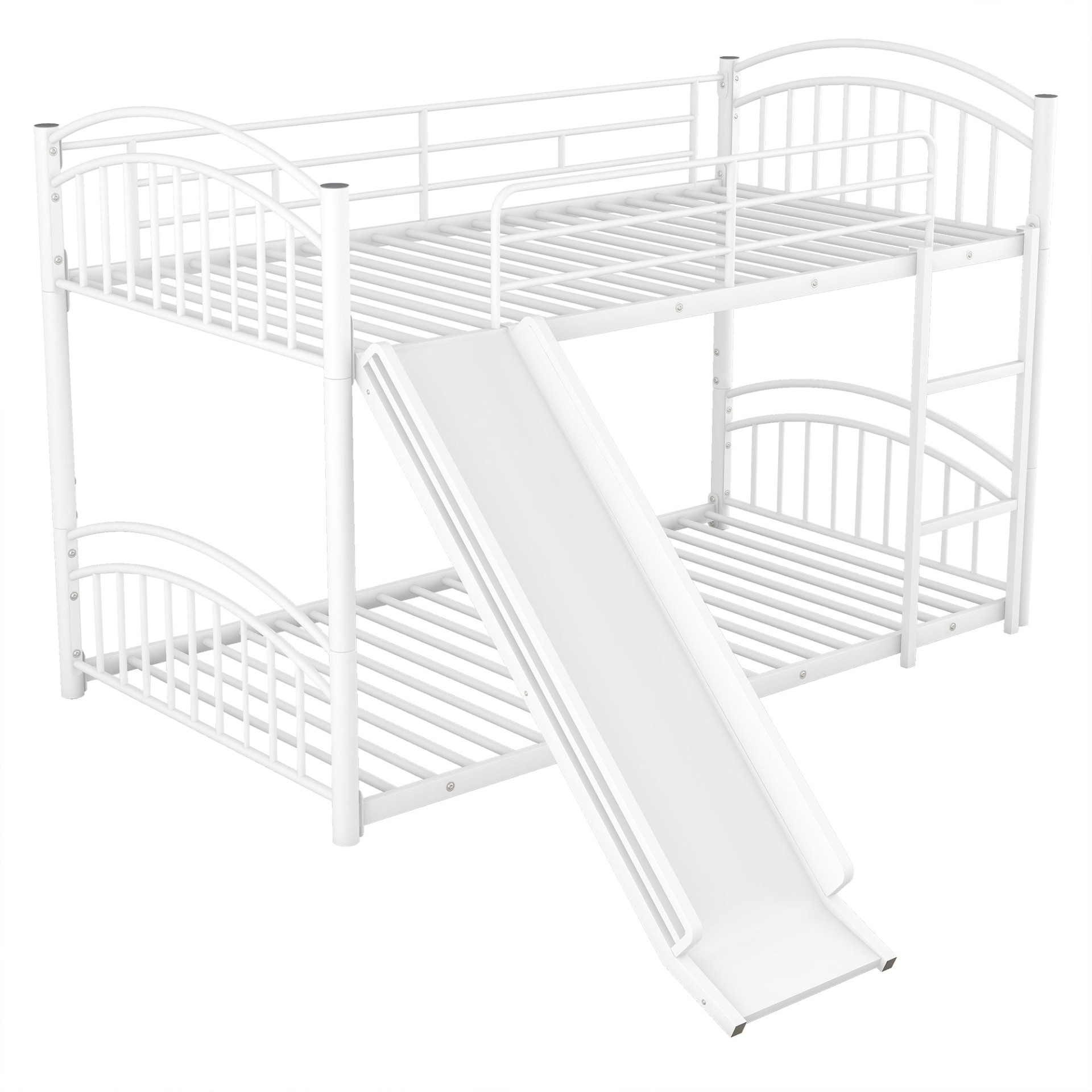 Start2Finish twin over twin metal bunk bed with slide and house frame, perfect for shared bedrooms or guest rooms.