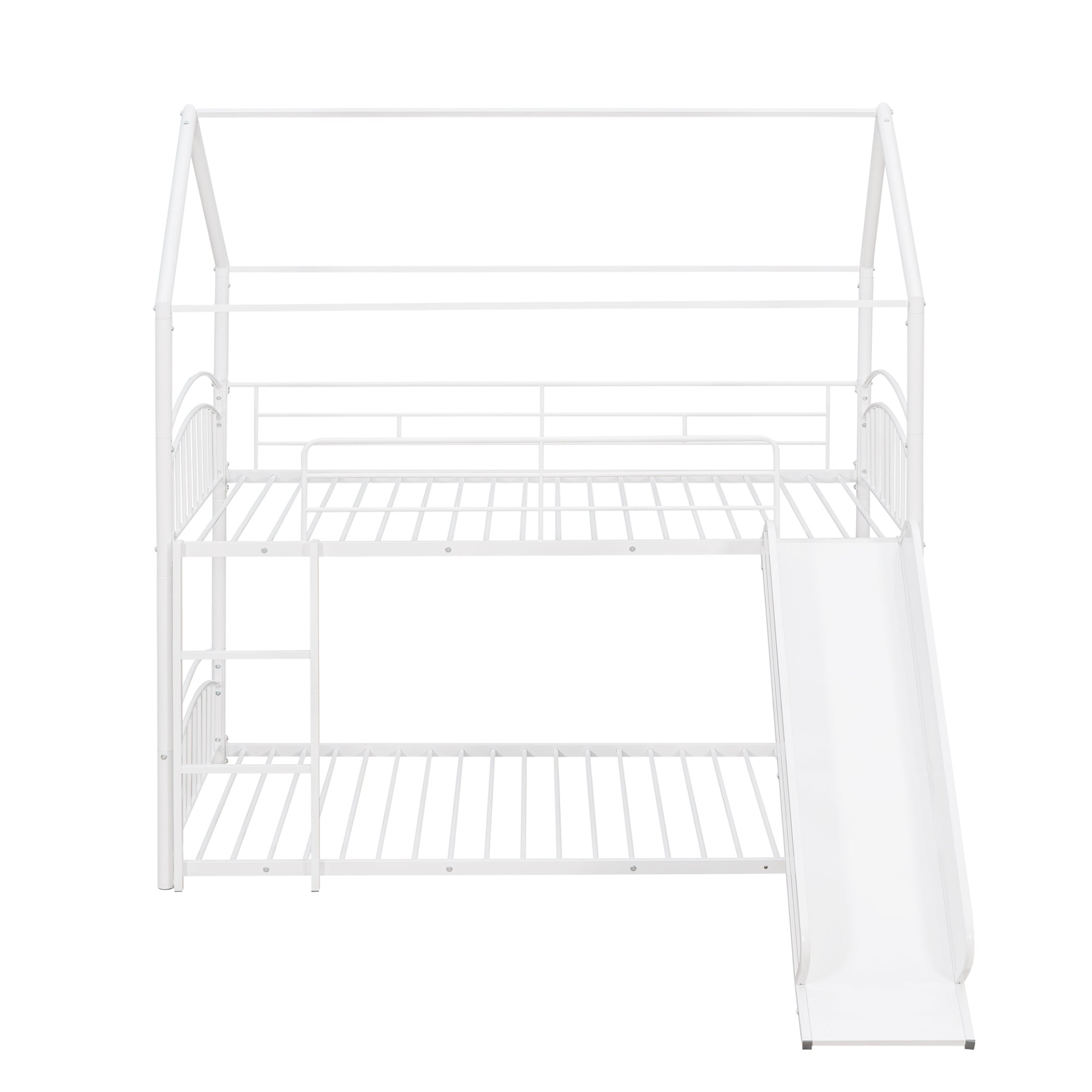 Metal twin over twin bunk bed with slide and house frame by Start2Finish, ideal for shared bedrooms or guest rooms.