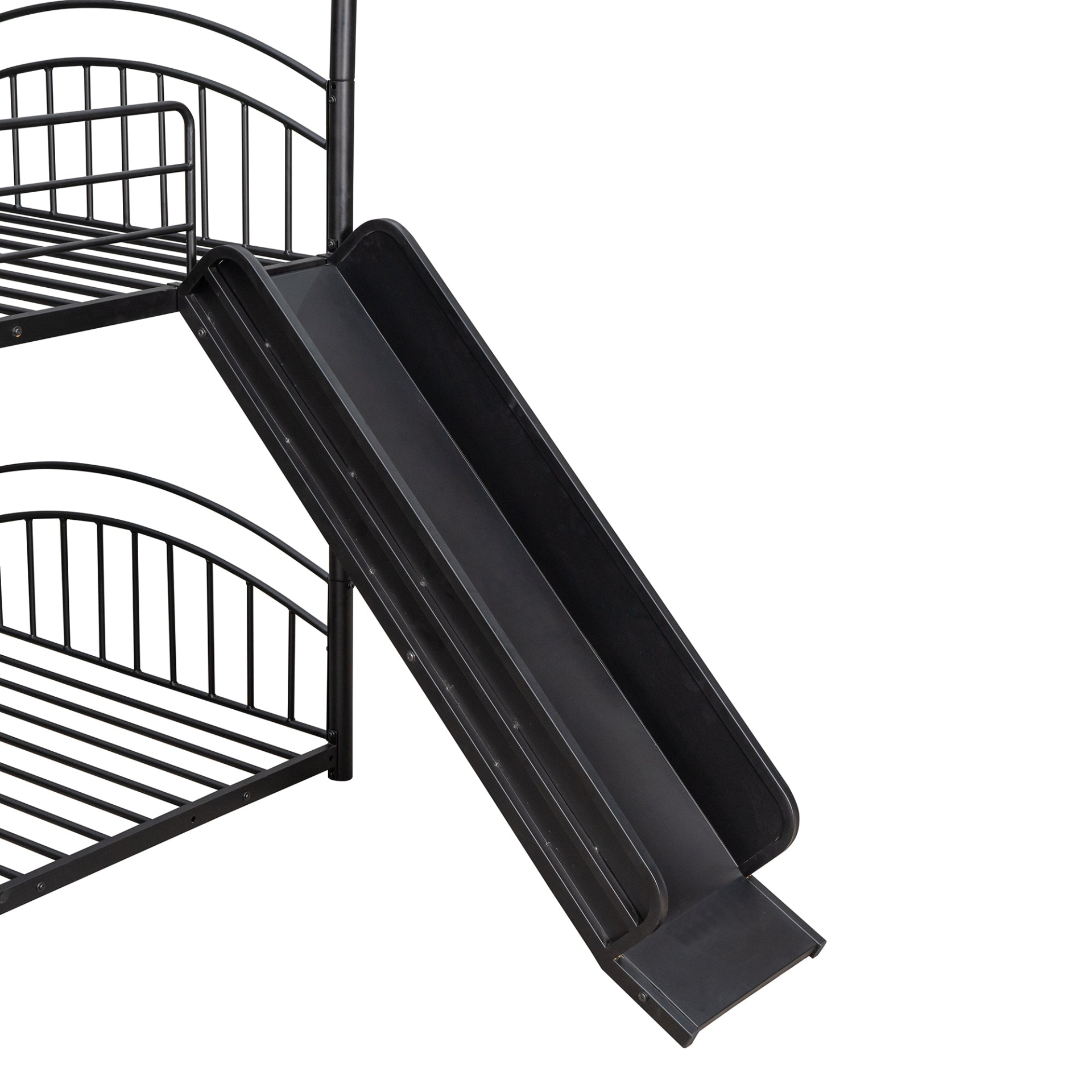 Metal twin over twin bunk bed with slide and house frame, ideal for shared or guest bedrooms by Start2Finish