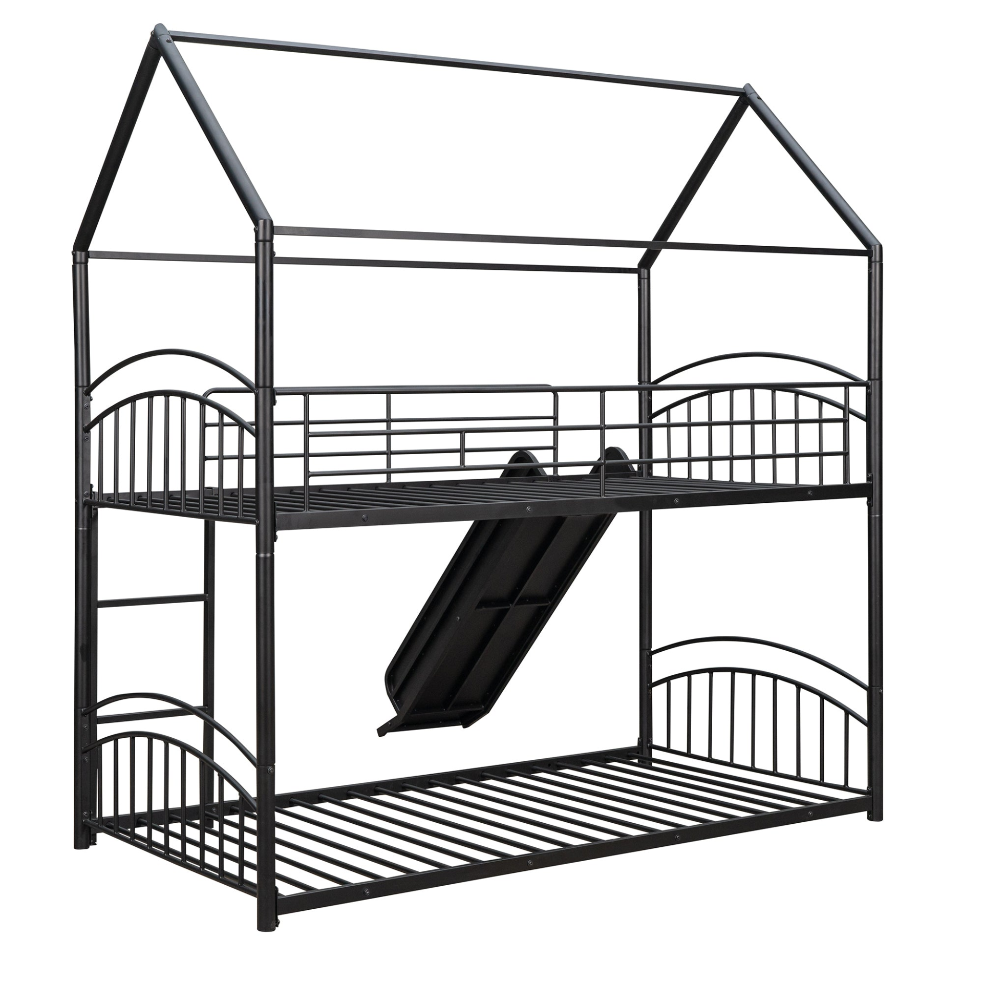 Start2Finish twin over twin metal bunk bed with slide and house frame, perfect for shared or guest bedrooms.
