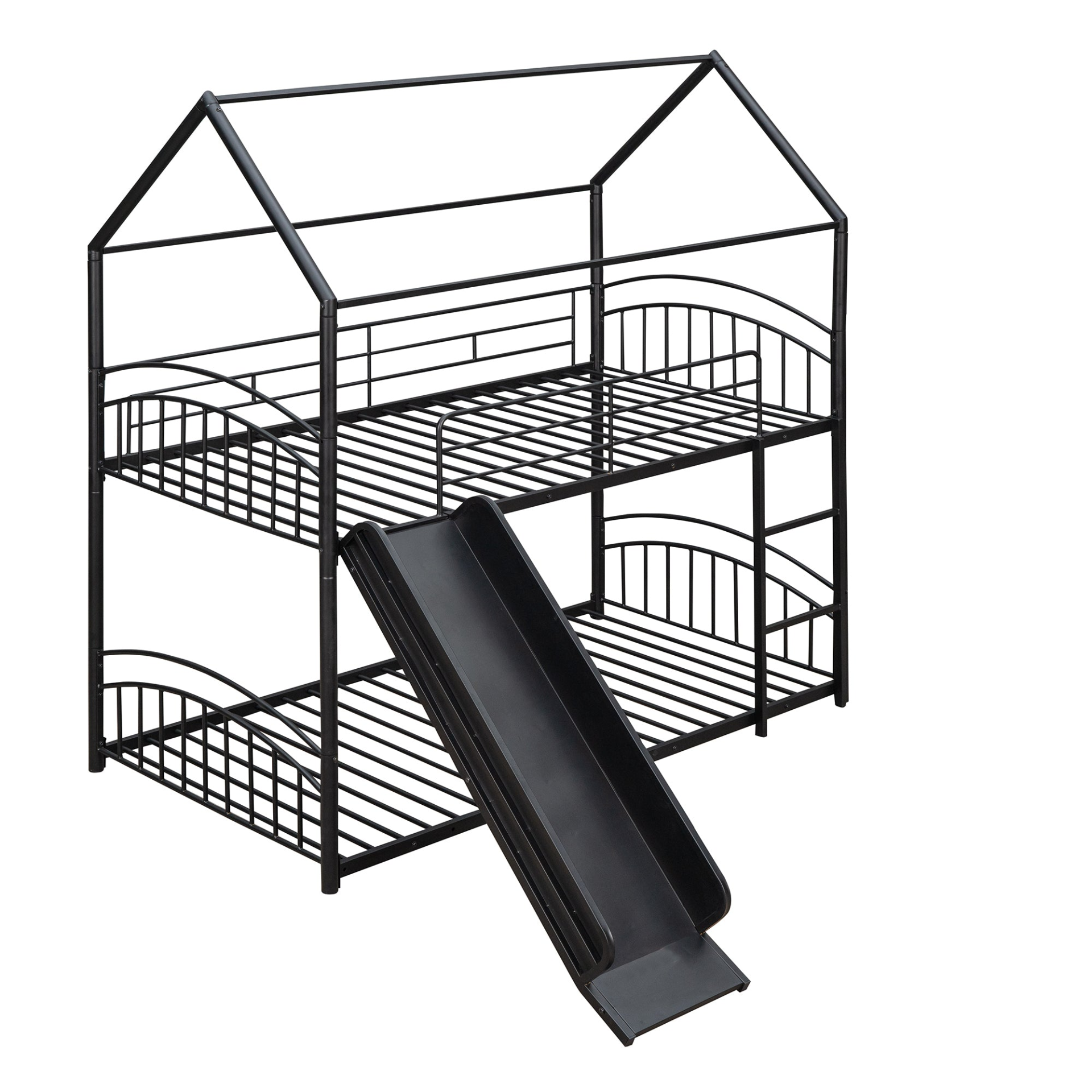 Start2Finish twin over twin metal bunk bed with slide and house frame, ideal for shared bedrooms or guest rooms.