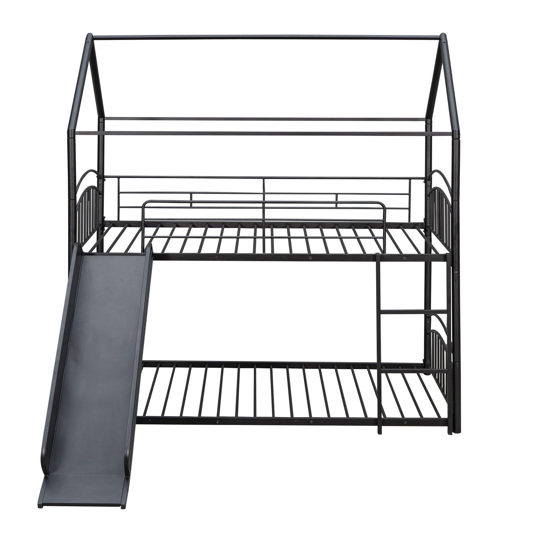Metal twin over twin bunk bed with slide and house frame by Start2Finish, ideal for shared or guest bedrooms